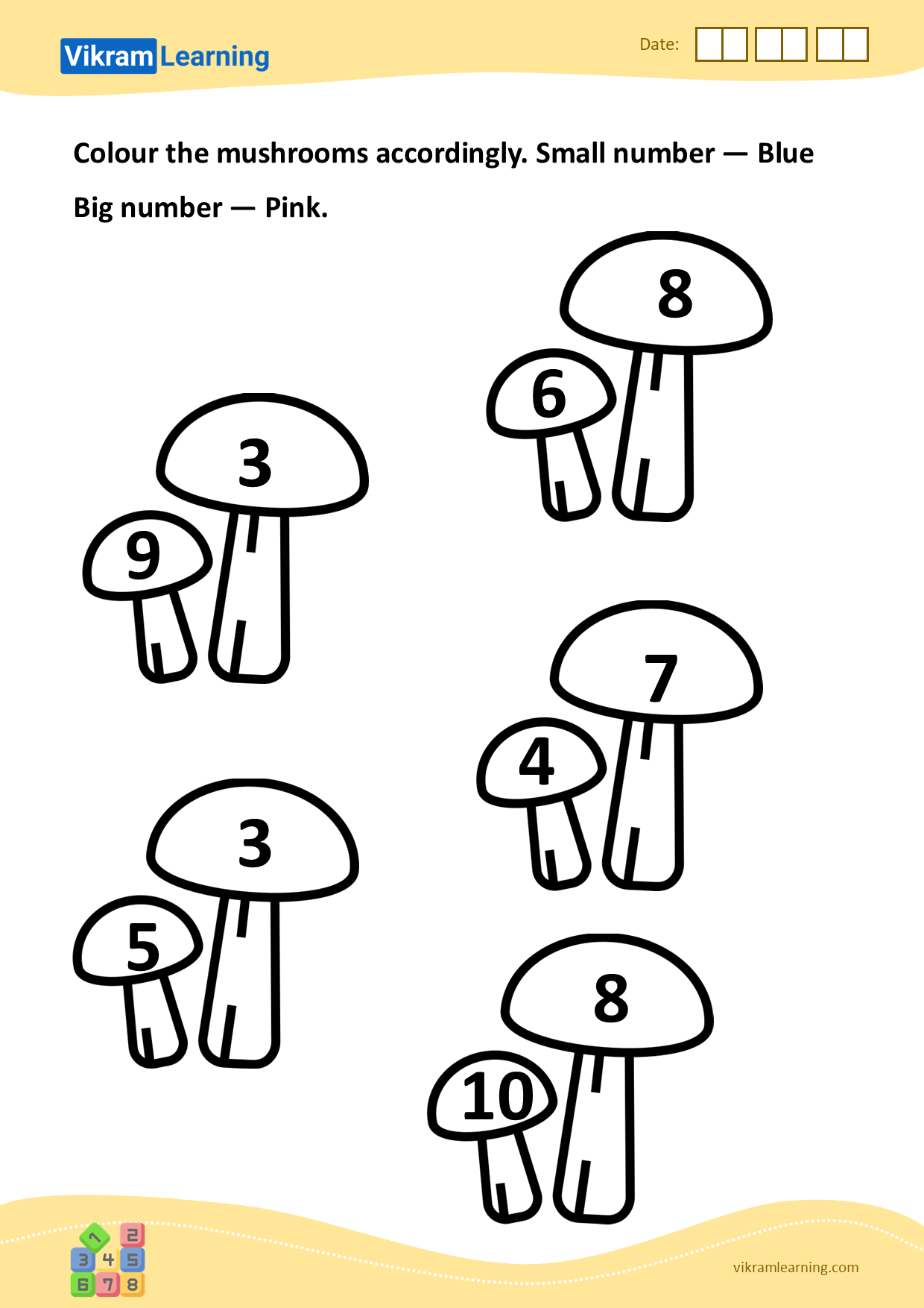 Download colour the mushrooms accordingly. small number — blue
big number — pink. worksheets
