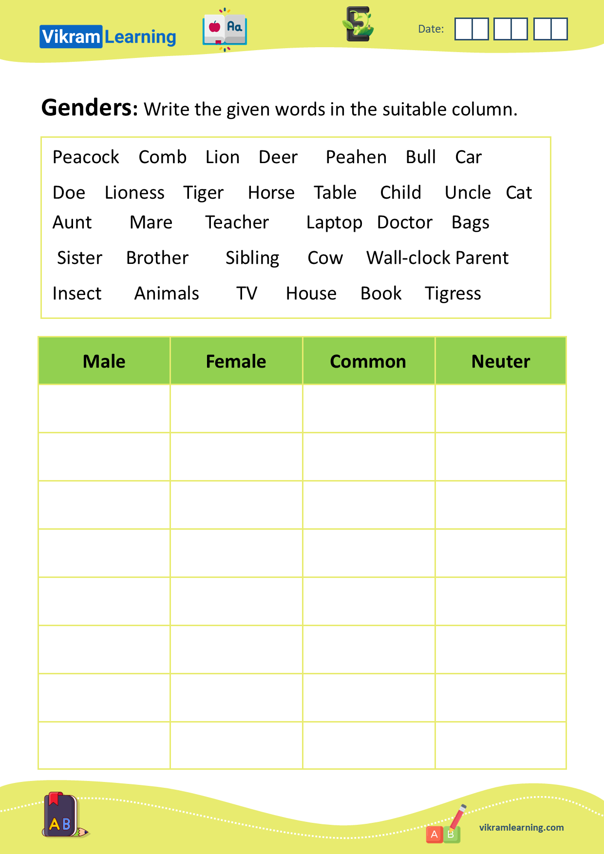 Download genders- male, female, common, neuter worksheets