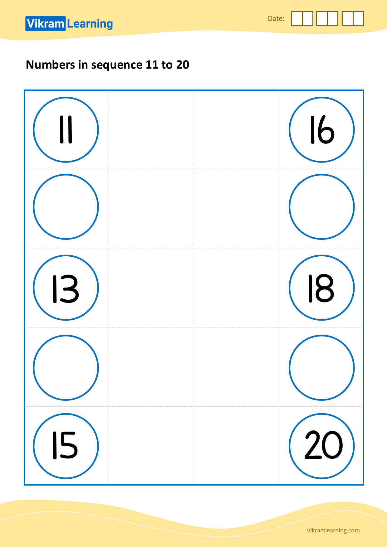 Download numbers in sequence 11 to 20 - pattern 1 worksheets