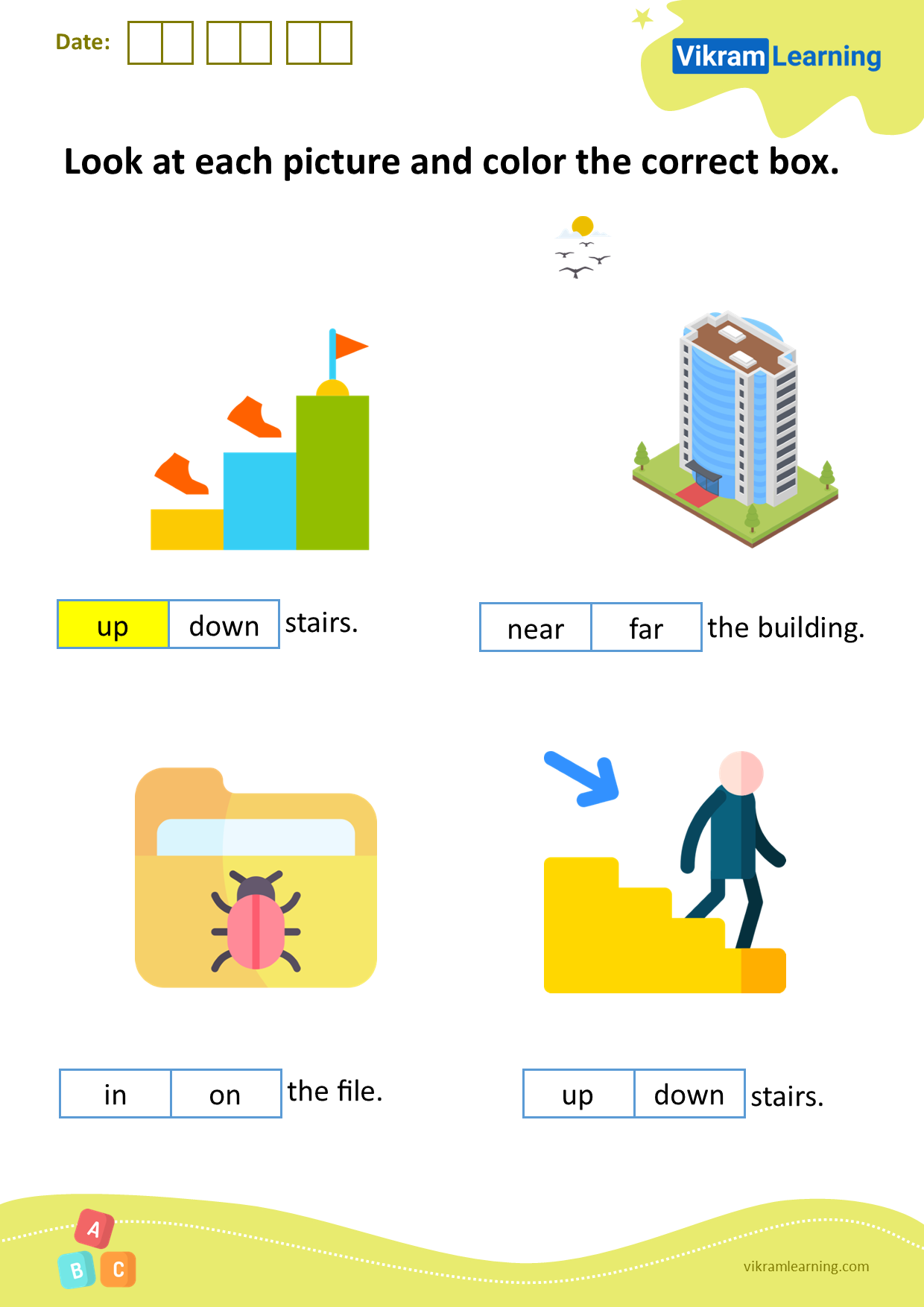 Download look at each picture and color the correct box worksheets