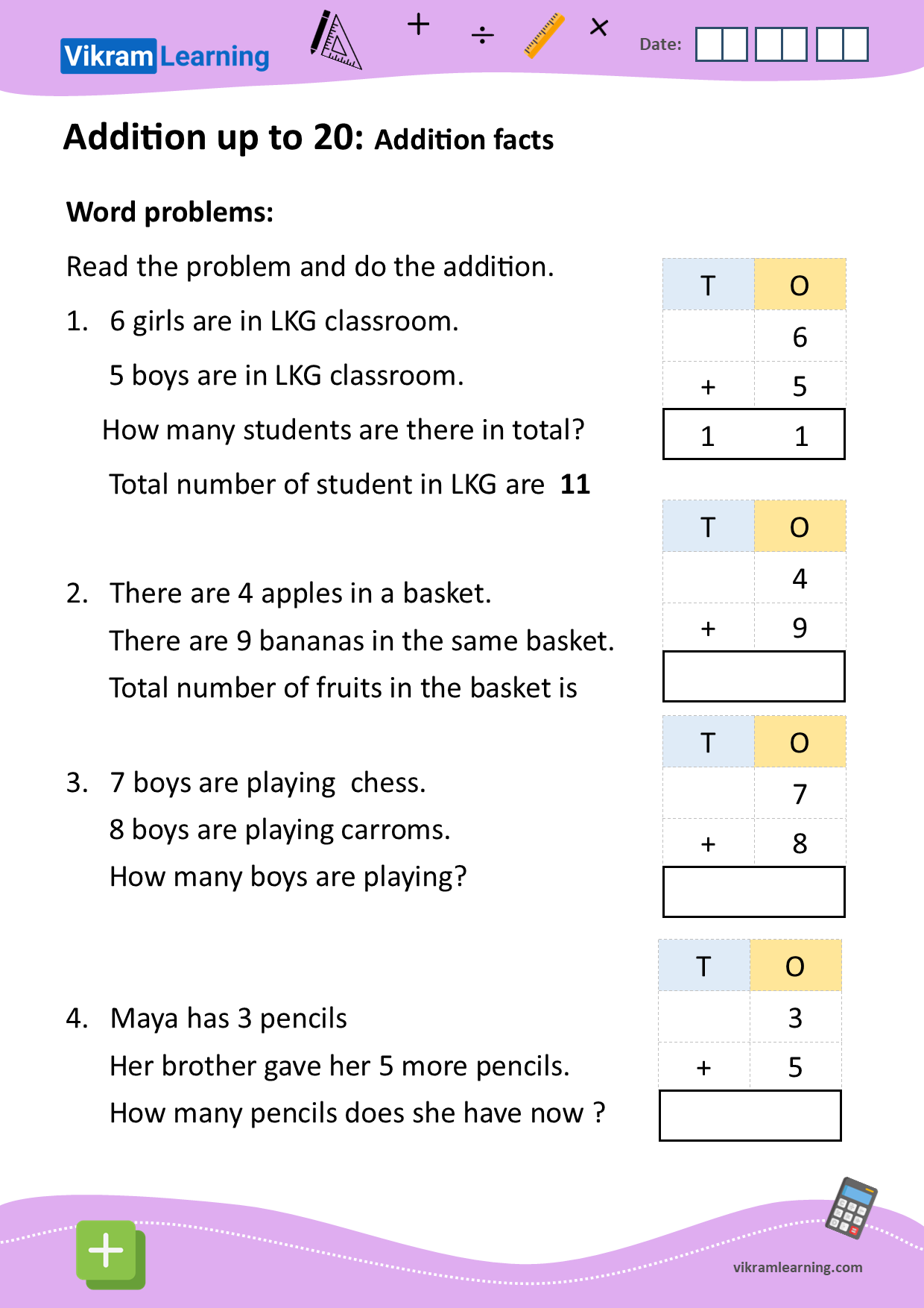 Download addition up to 20 using vertical addition (word problems) worksheets