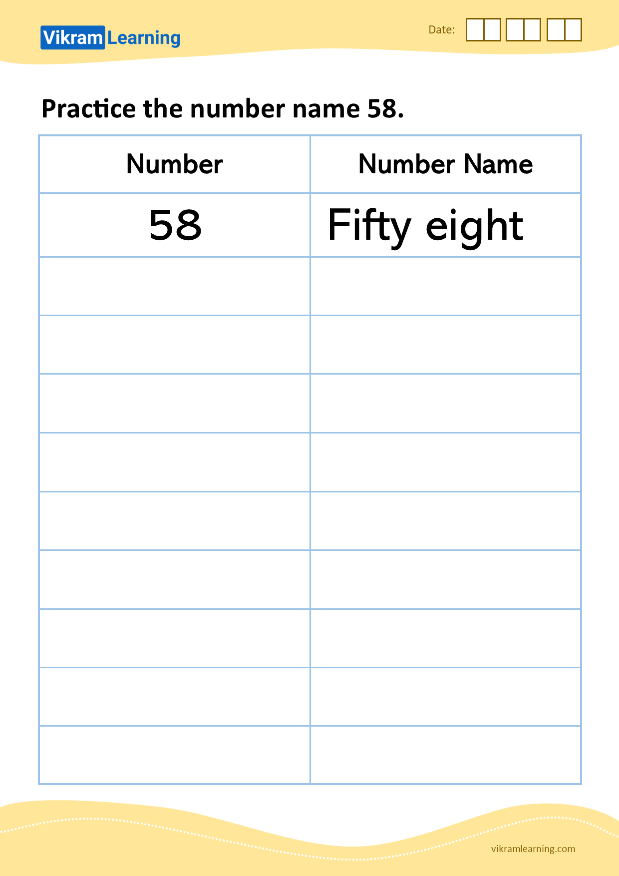 Download practice the number name 58 worksheets