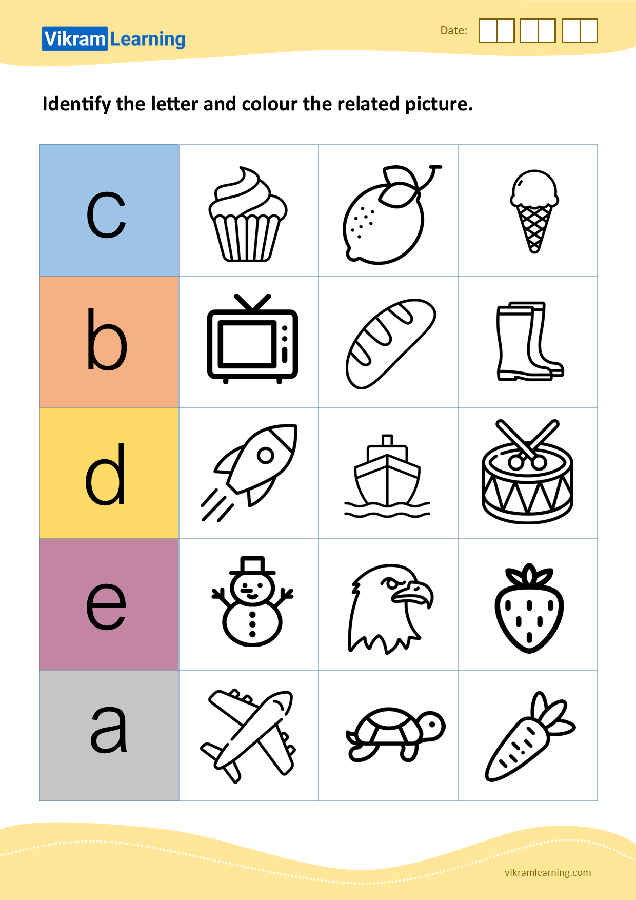 Download identify the letter and colour the related picture (a to e) - pattern 5 worksheets