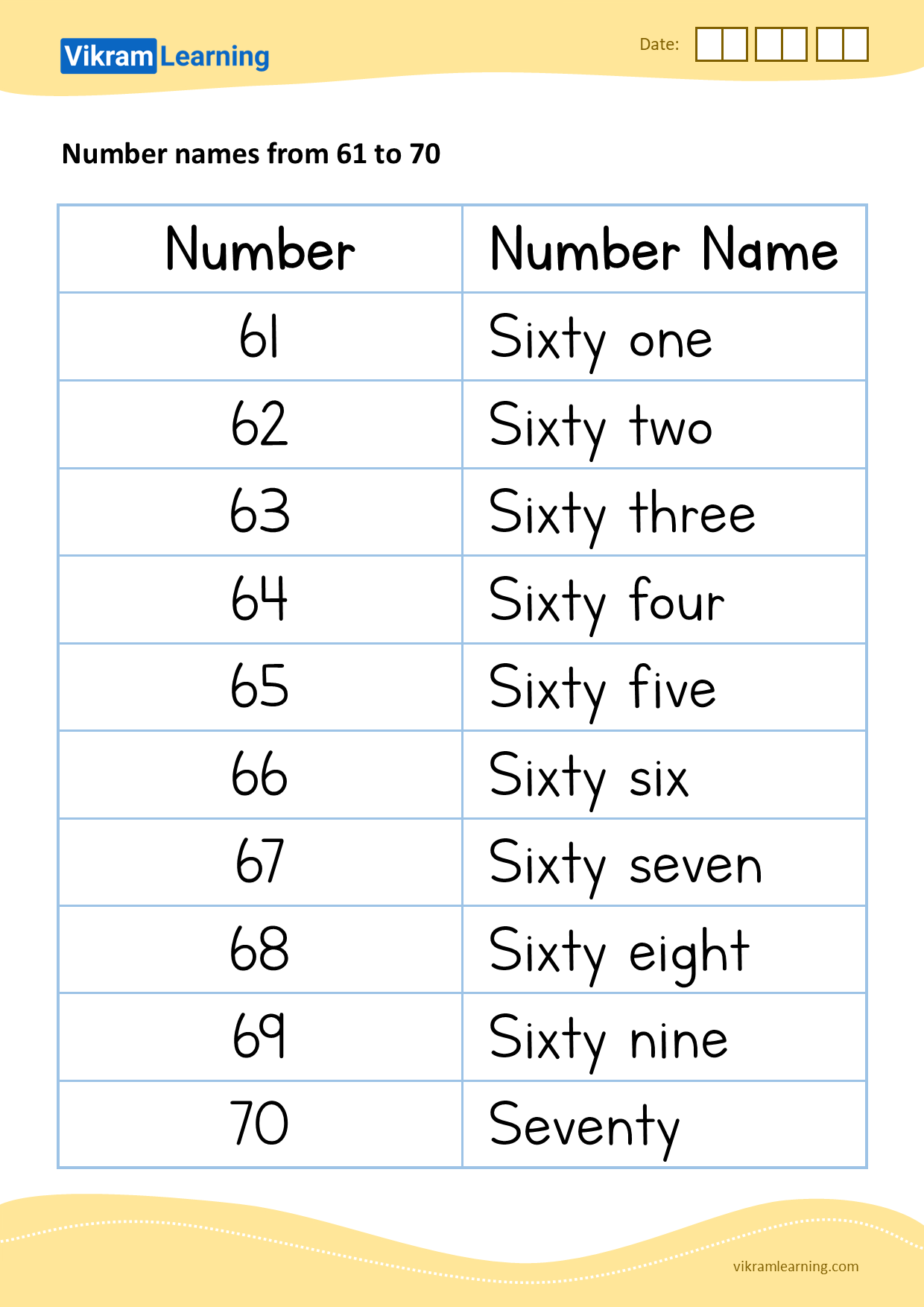 Download number names from 61 to 70 worksheets