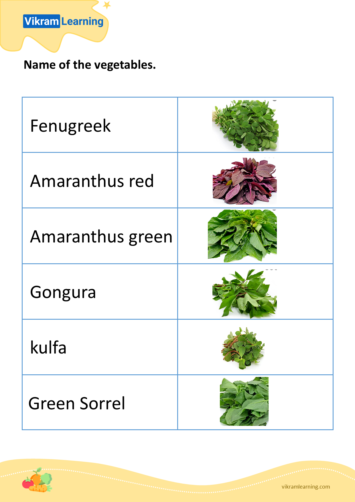 Download name of the vegetables - 8 worksheets