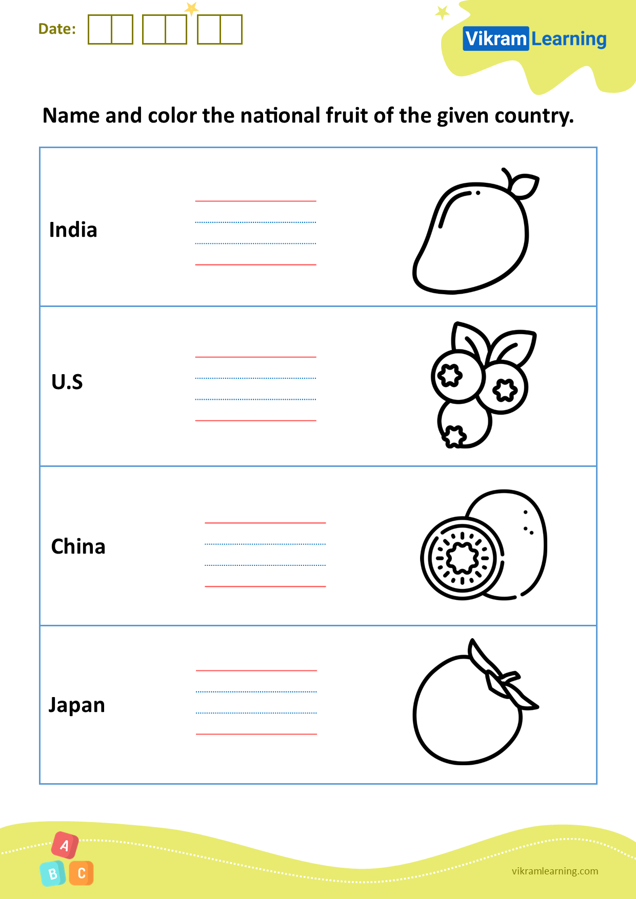 Download name and color the national fruit of the given country worksheets