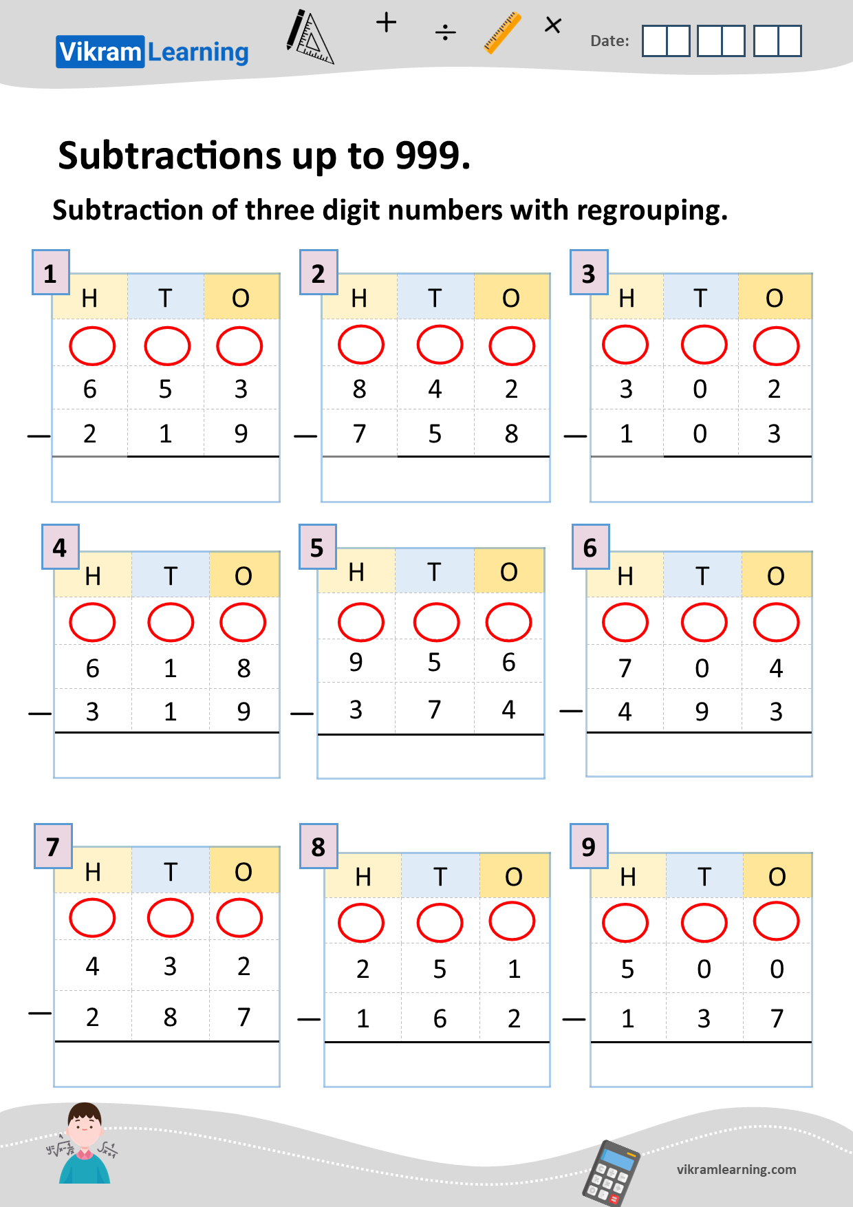 Download subtractions up to 999 worksheets