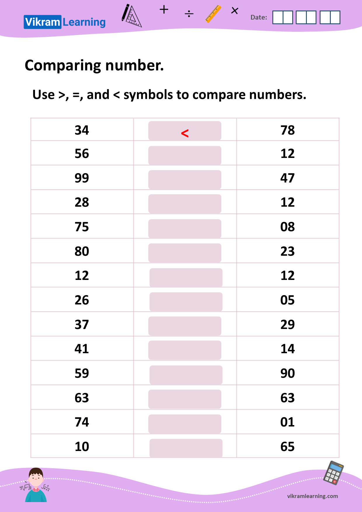 Download comparing numbers up to 100 worksheets | vikramlearning.com