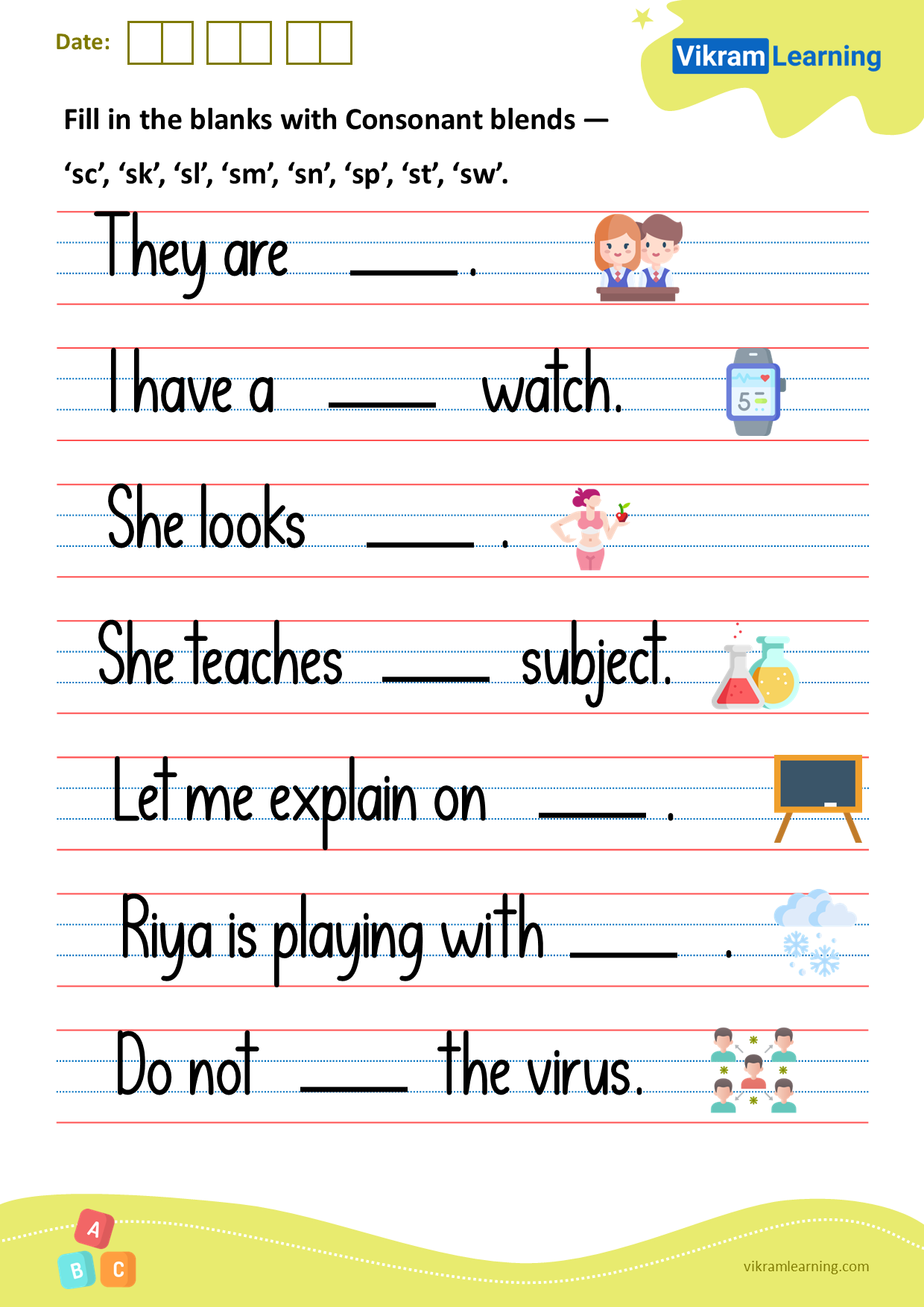 Download fill in the blanks with consonant blends — ‘sc’, ‘sk’, ‘sl’, ‘sm’, ‘sn’, ‘sp’, ‘st’, ‘sw’ worksheets