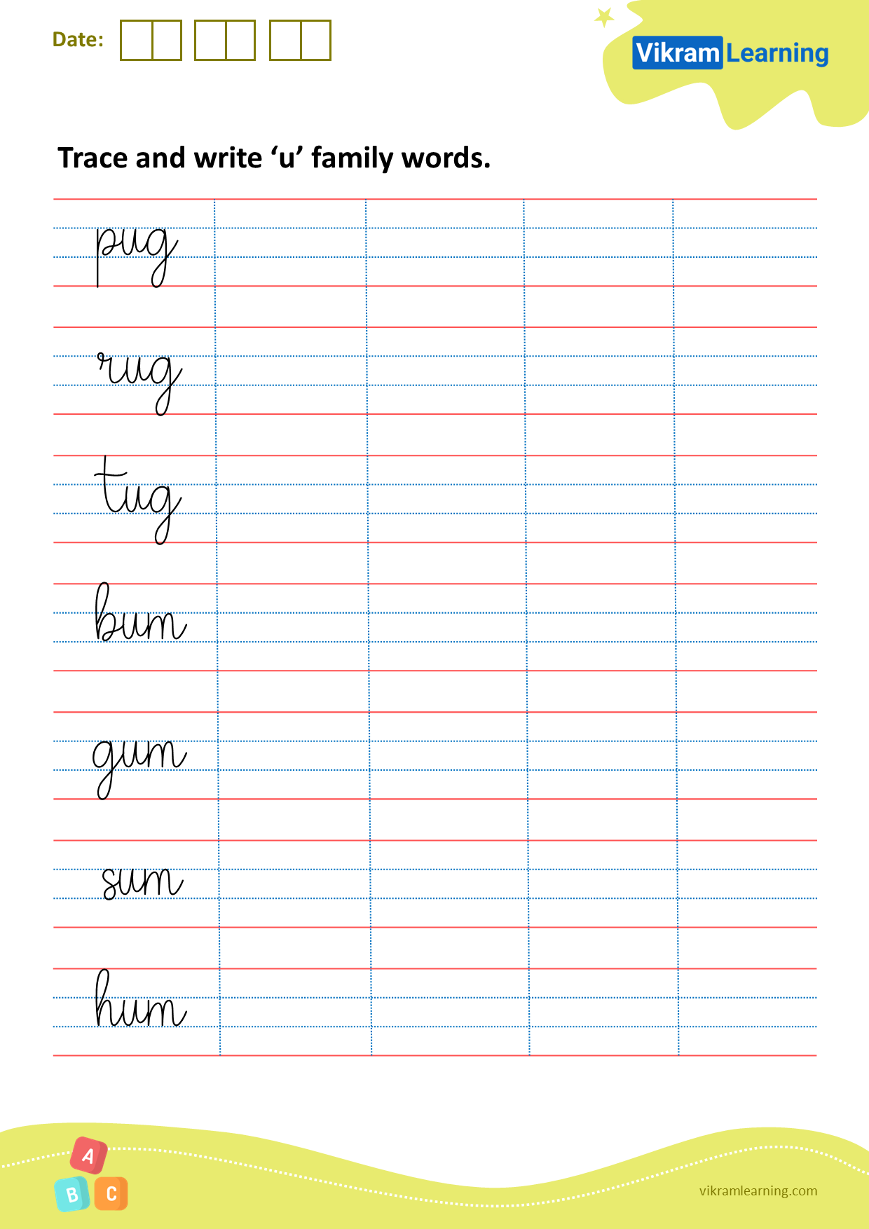 Download trace and write ‘u’ family words worksheets