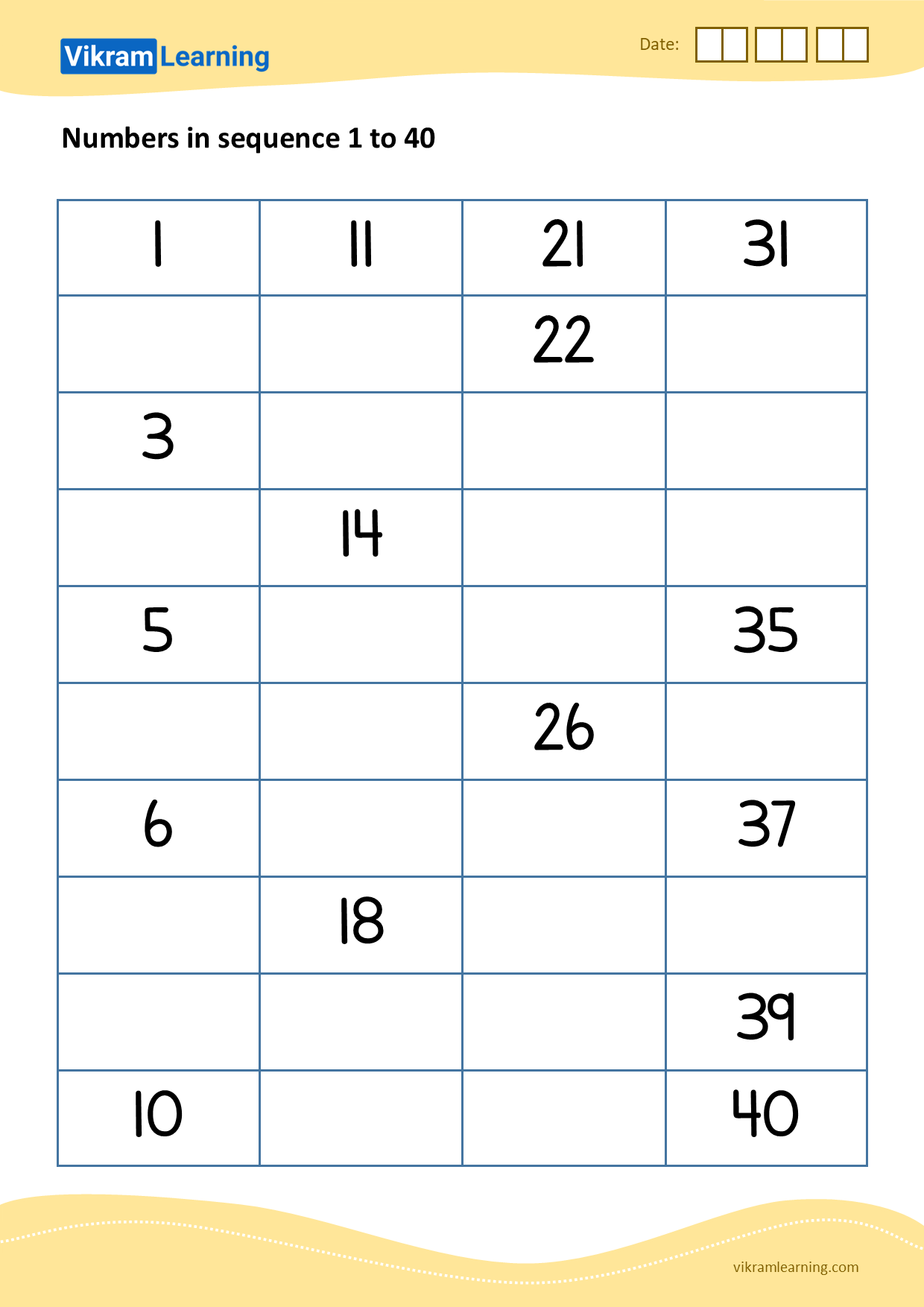 Download 02 - numbers in sequence 1 to 40 worksheets