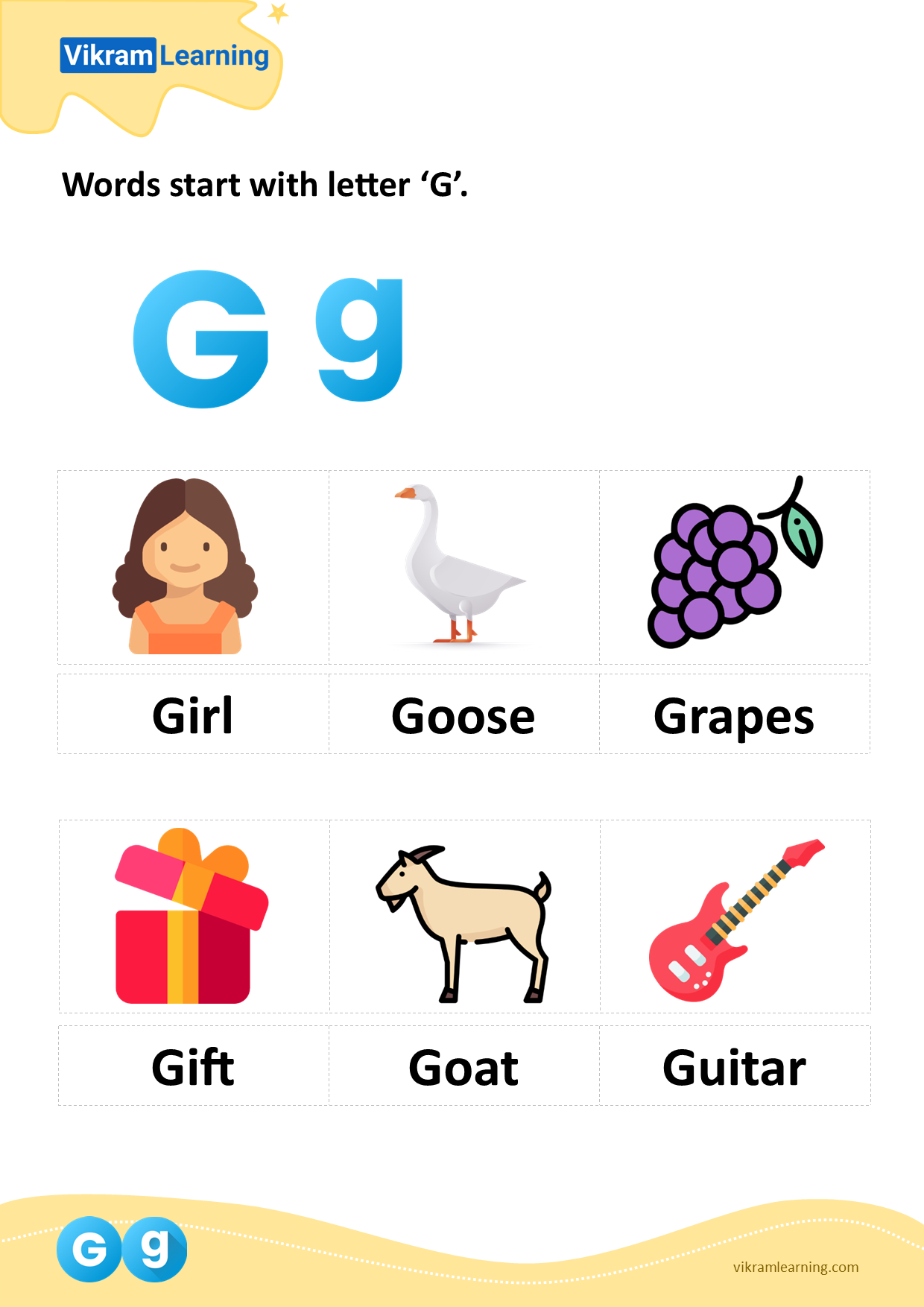 Download words start with letter 'g' worksheets | vikramlearning.com
