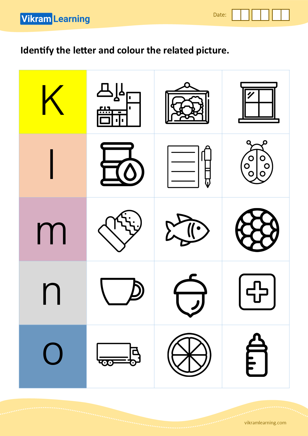 Download identify the letter and colour the related picture (k to o) - pattern 1 worksheets