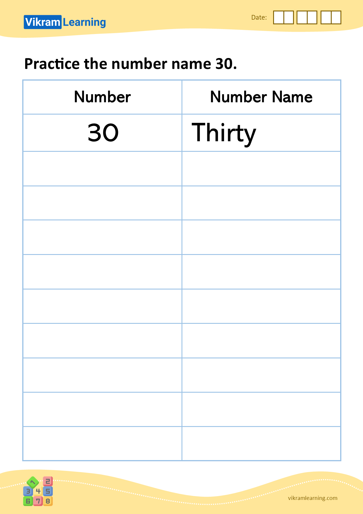 Download practice the number name 30 worksheets