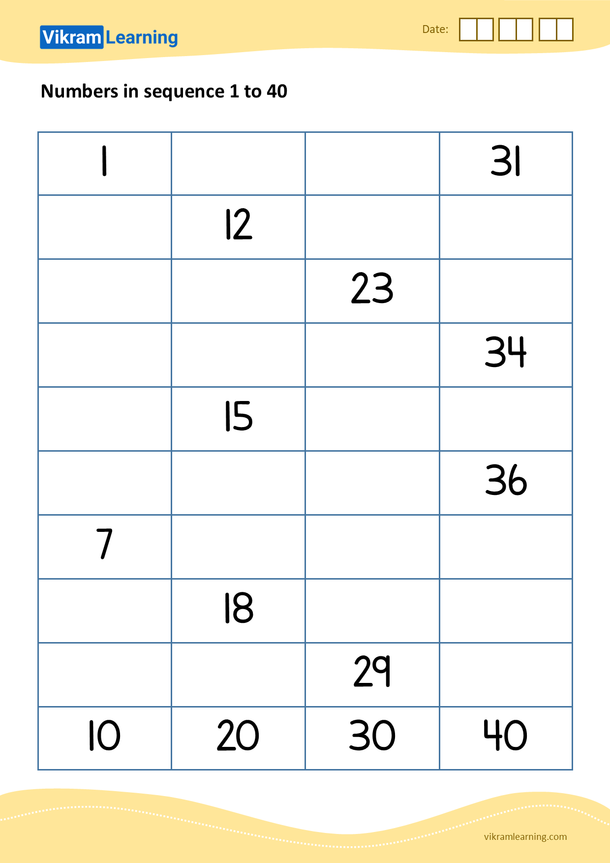 Download numbers in sequence 1 to 40 worksheets for free