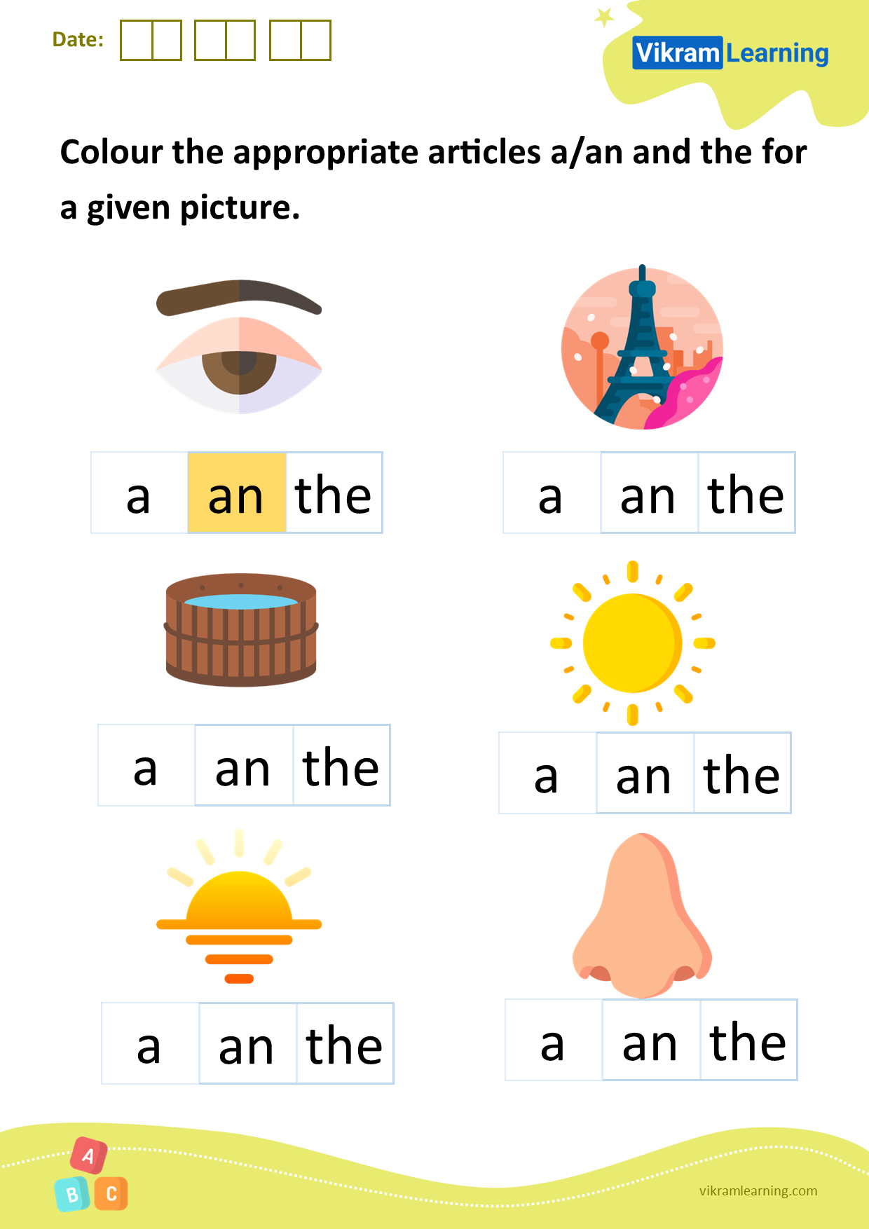 Download colour the appropriate articles a/an and the for a given picture worksheets