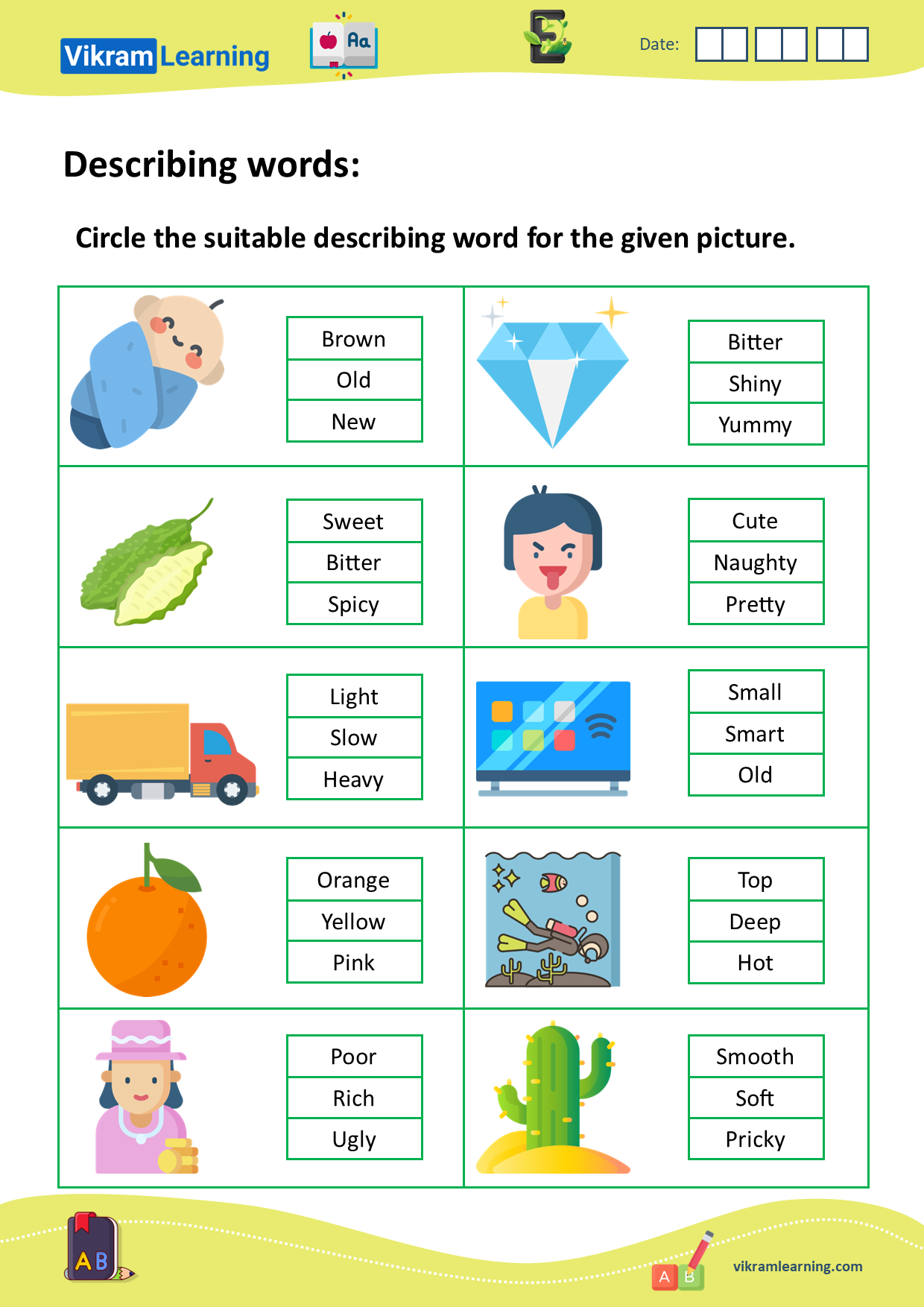 Download describing words: adjectives worksheets | vikramlearning.com