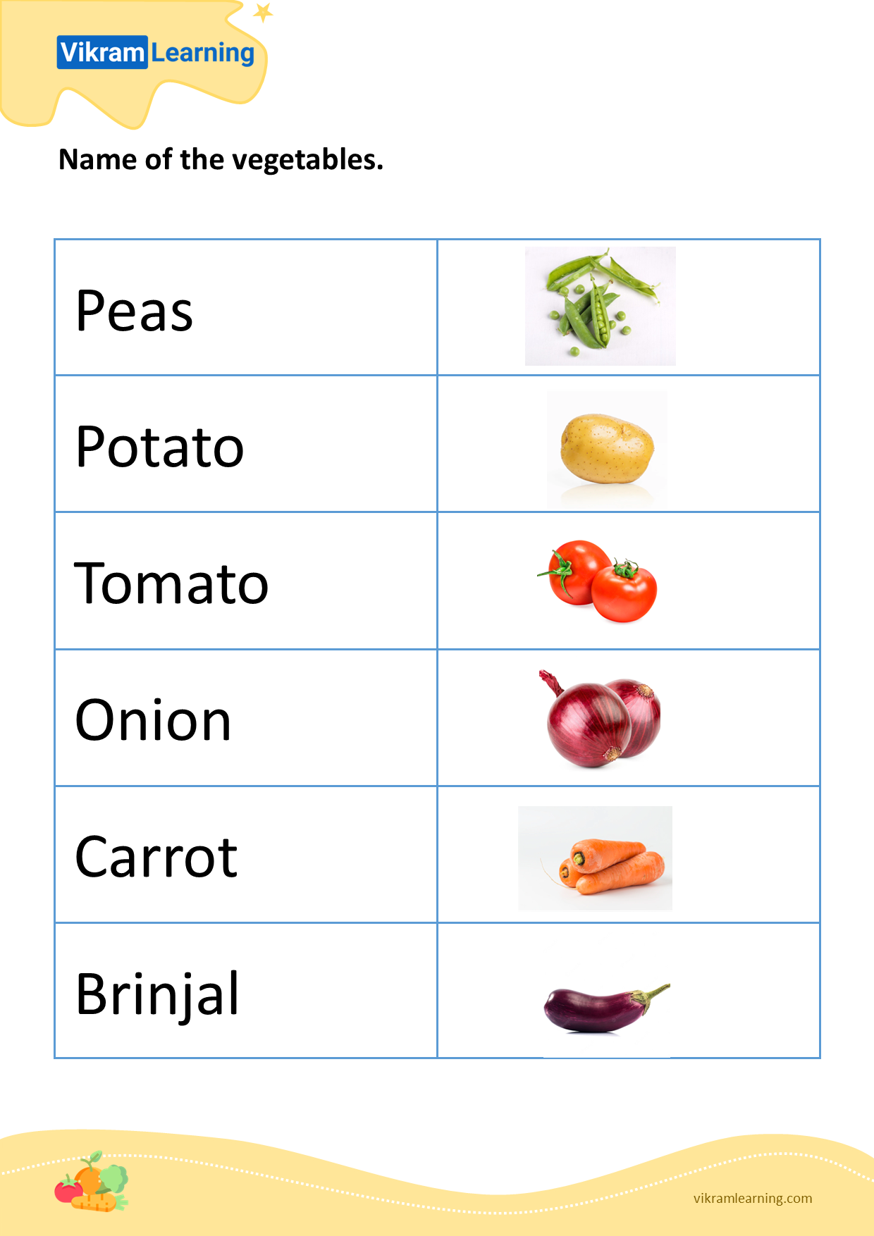 Download name of the vegetables - 1 worksheets