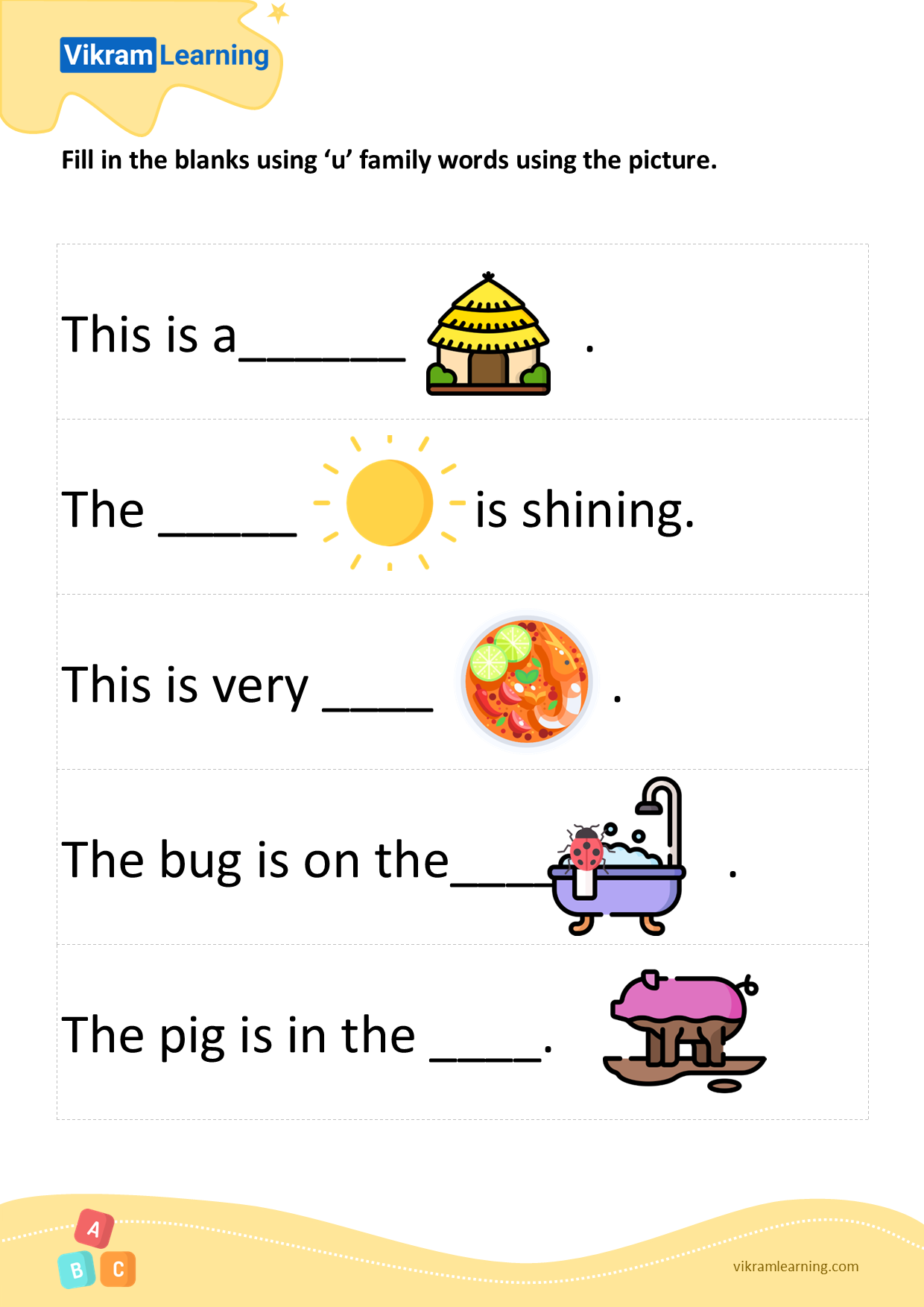 Download fill in the blanks using 'u' family words using the picture worksheets