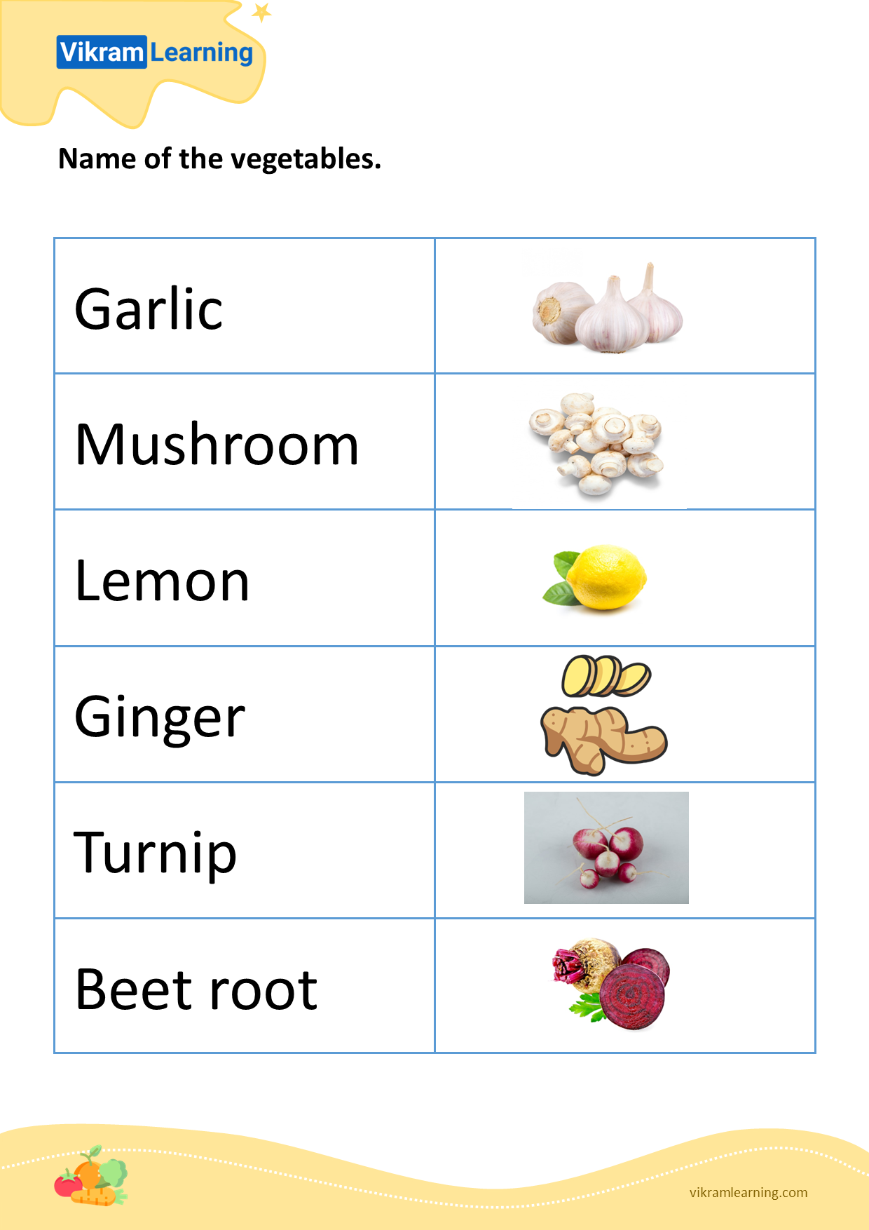 Download name of the vegetables - 4 worksheets