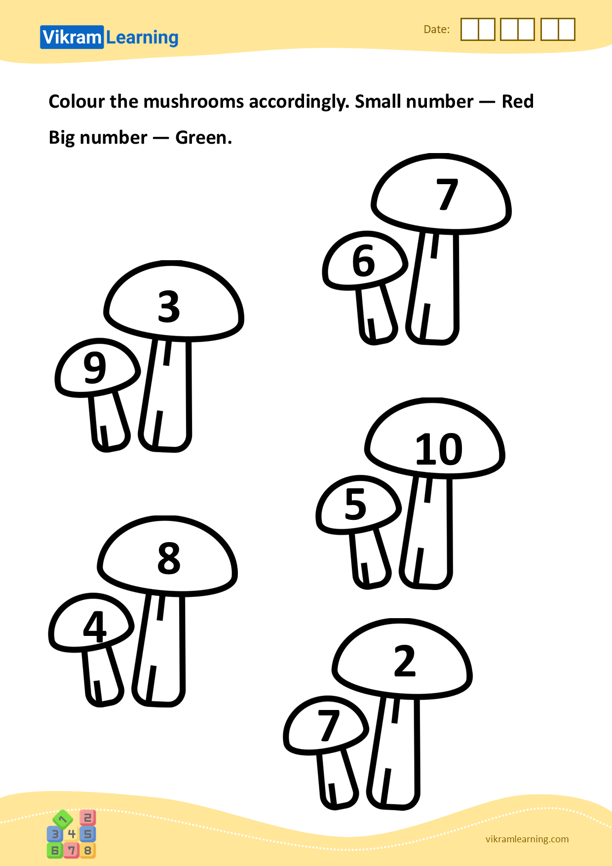 Download colour the mushrooms accordingly. small number — red
big number — green. worksheets