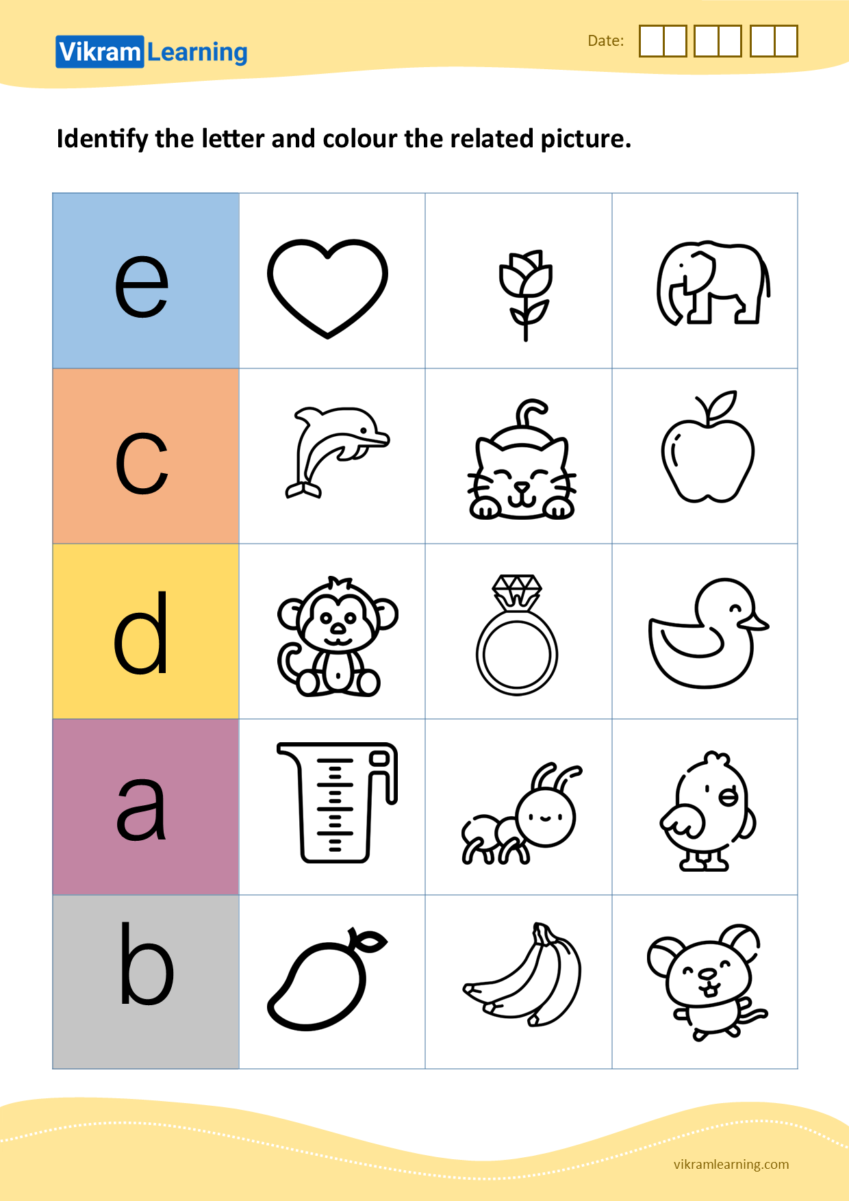 Download identify the letter and colour the related picture (a to e) - pattern 2 worksheets