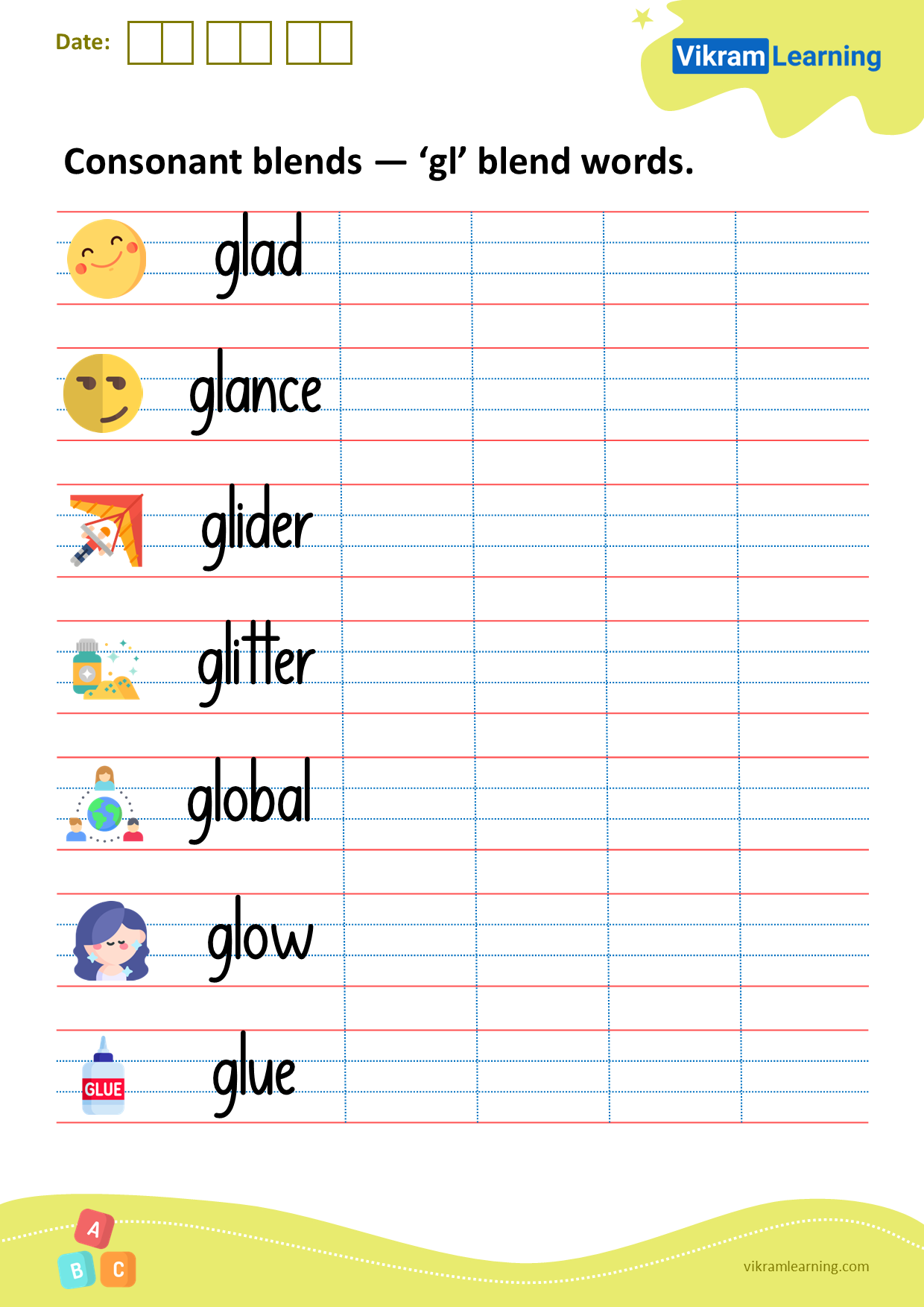 Download consonant blends — ‘gl’ blend words worksheets