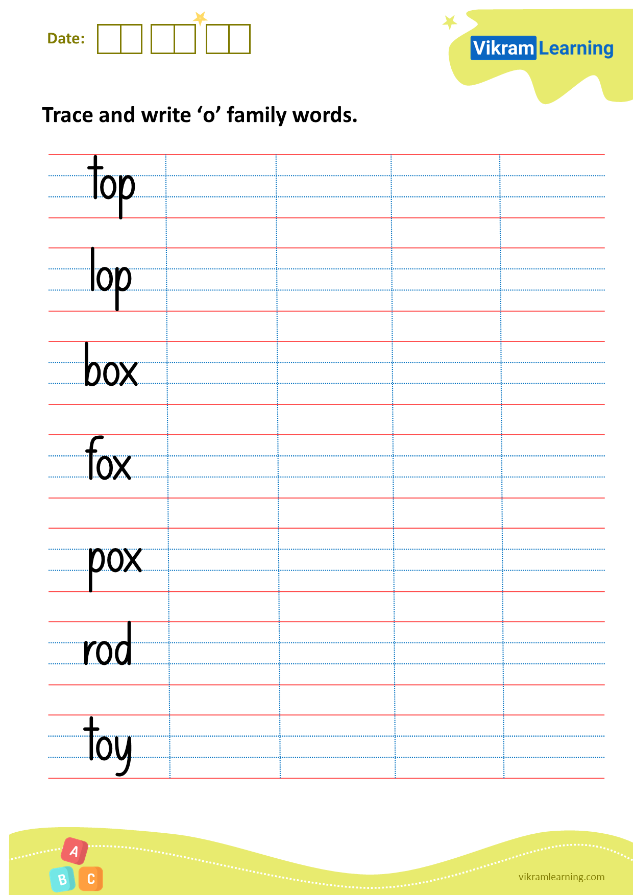 Download trace and write ‘o’ family words worksheets