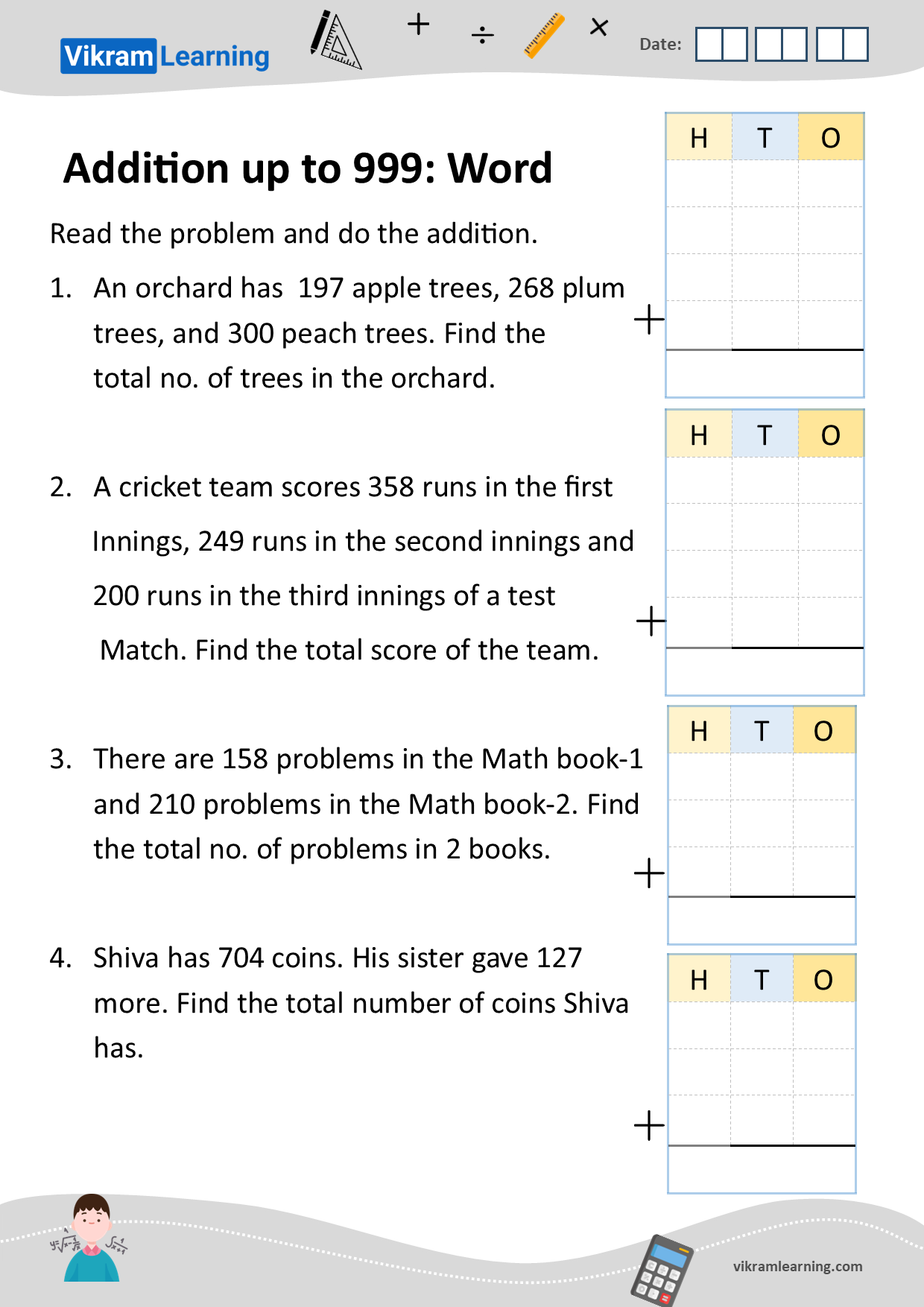 Download additions up to 999 worksheets | vikramlearning.com