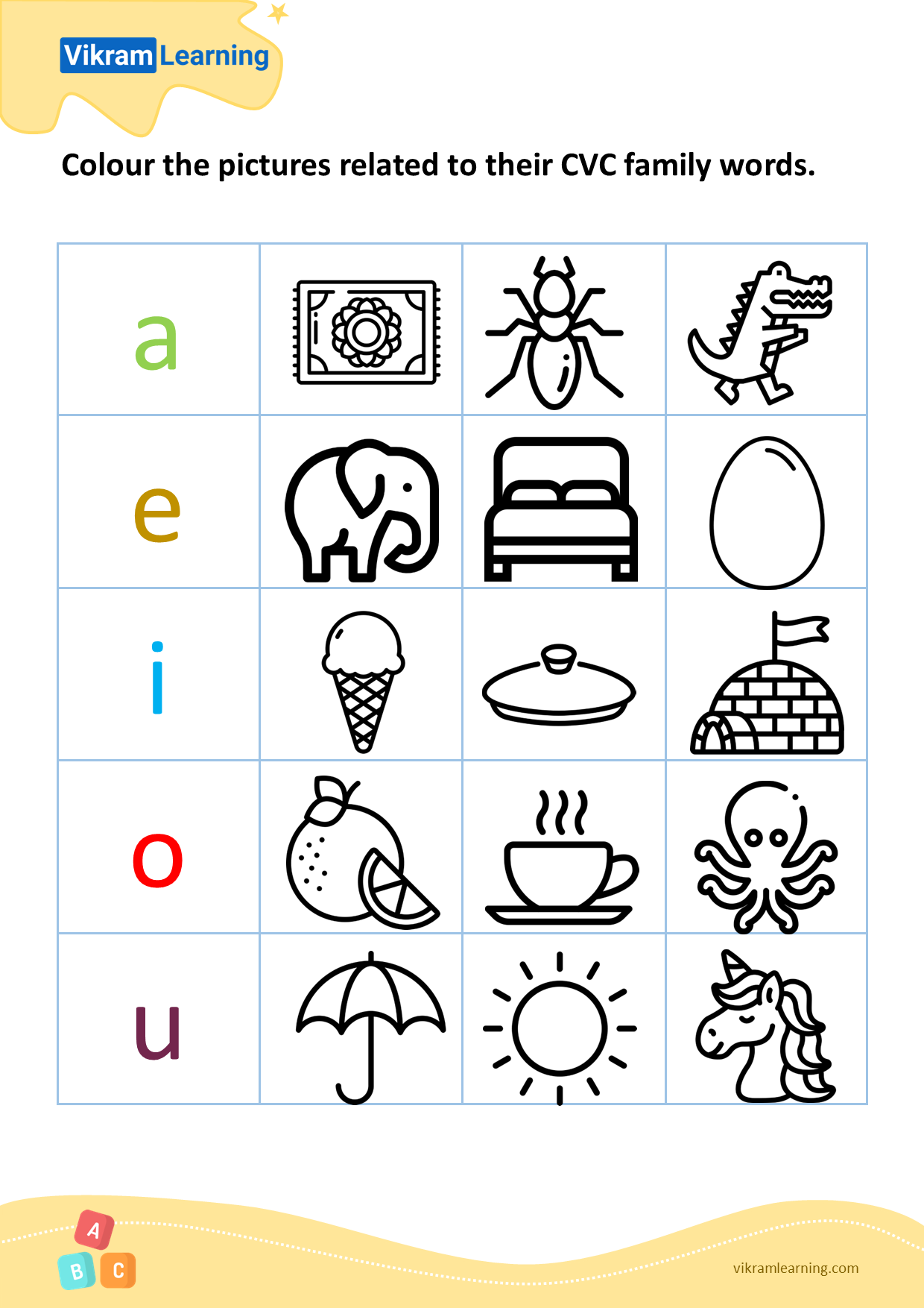 Download colour the pictures related to their cvc family words - 2 worksheets
