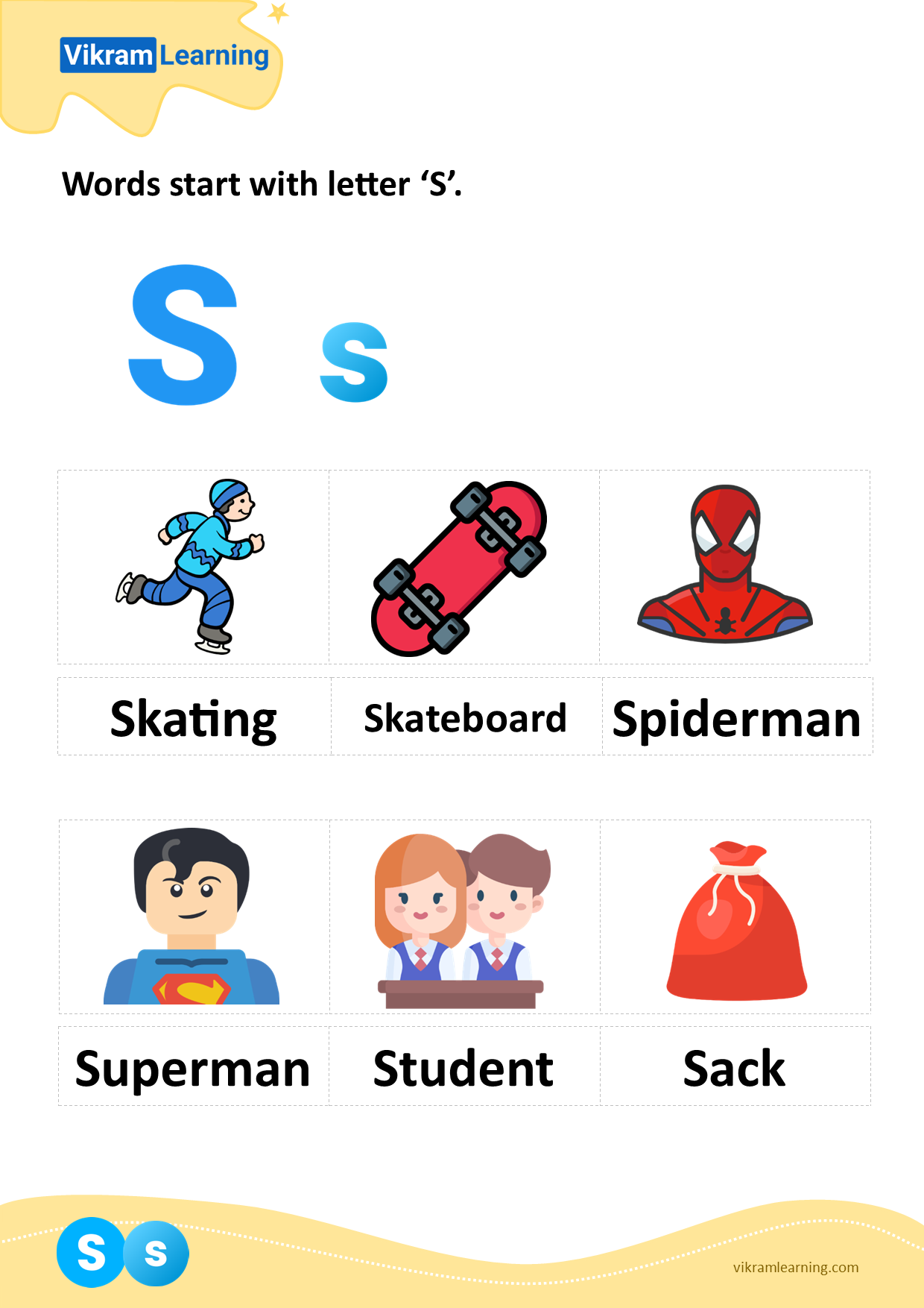 Download words start with letter 's' worksheets