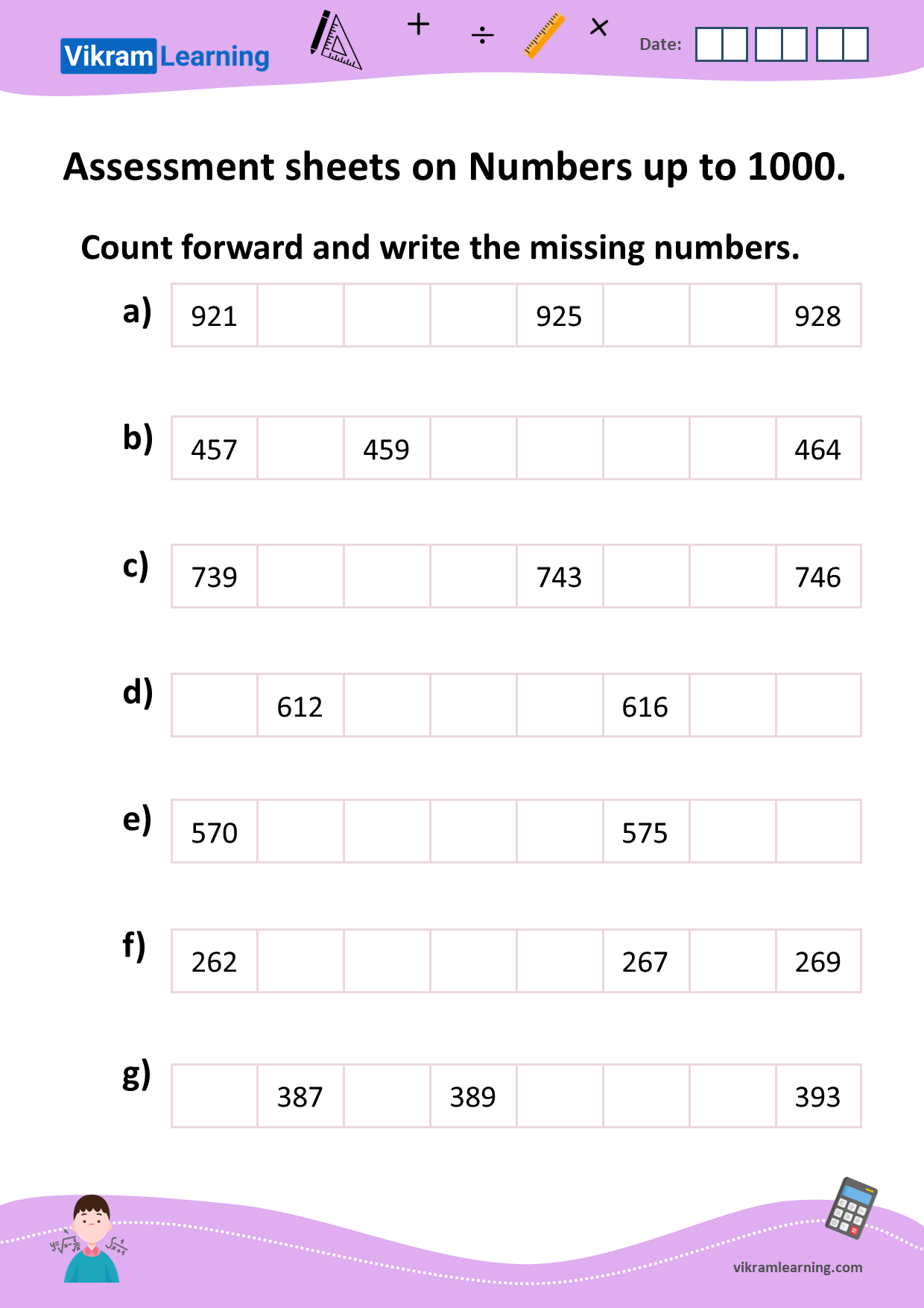 Download assessment sheets on numbers up to 1000 worksheets
