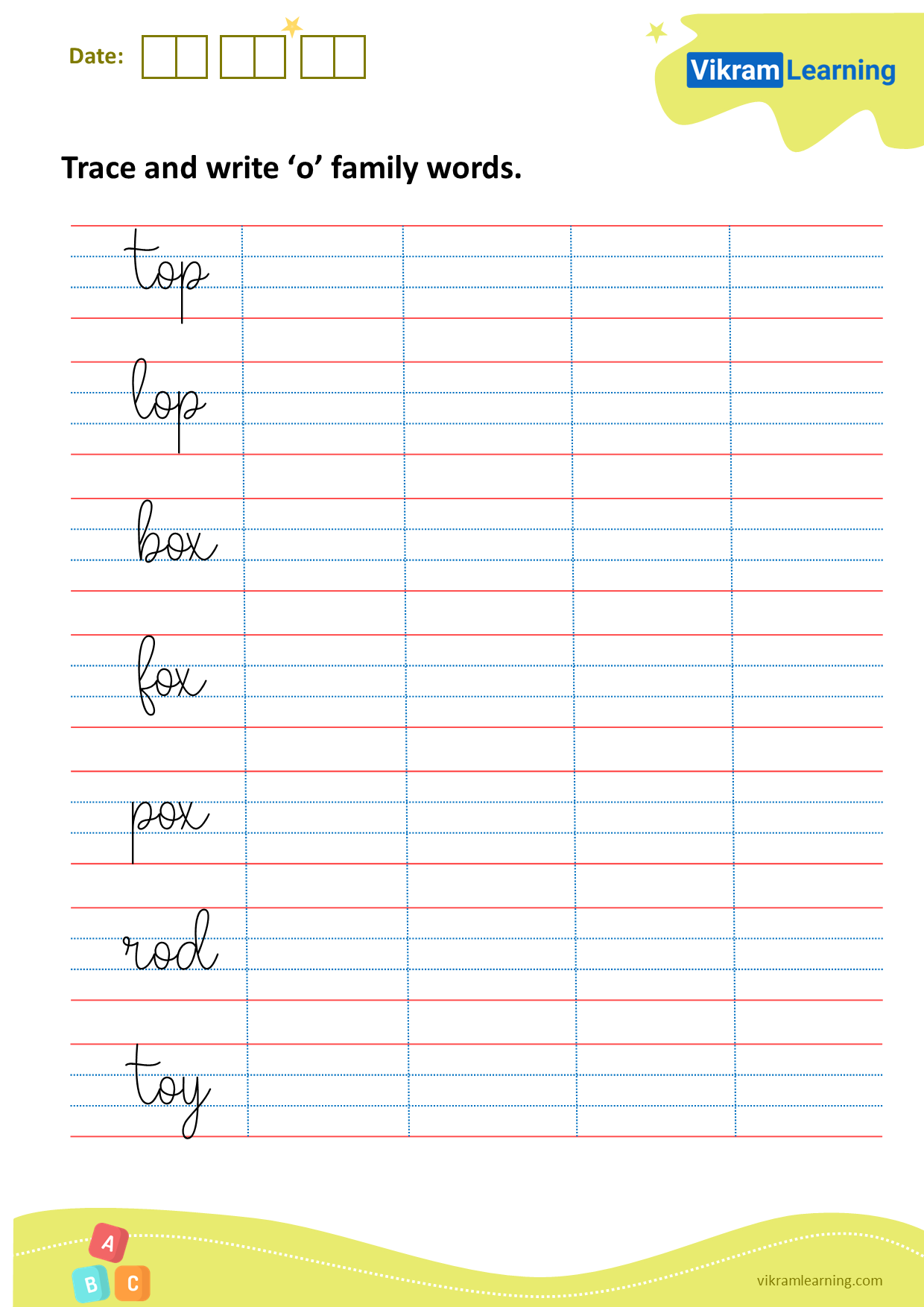 Download trace and write ‘o’ family words worksheets