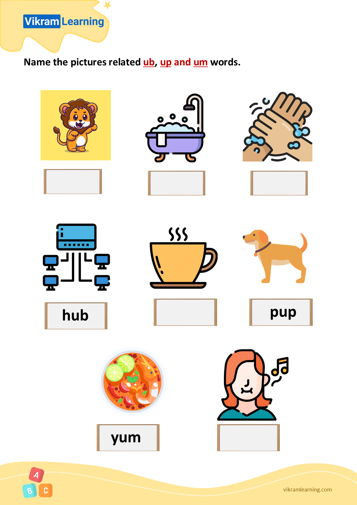 Download name the pictures related ub, up and um words worksheets