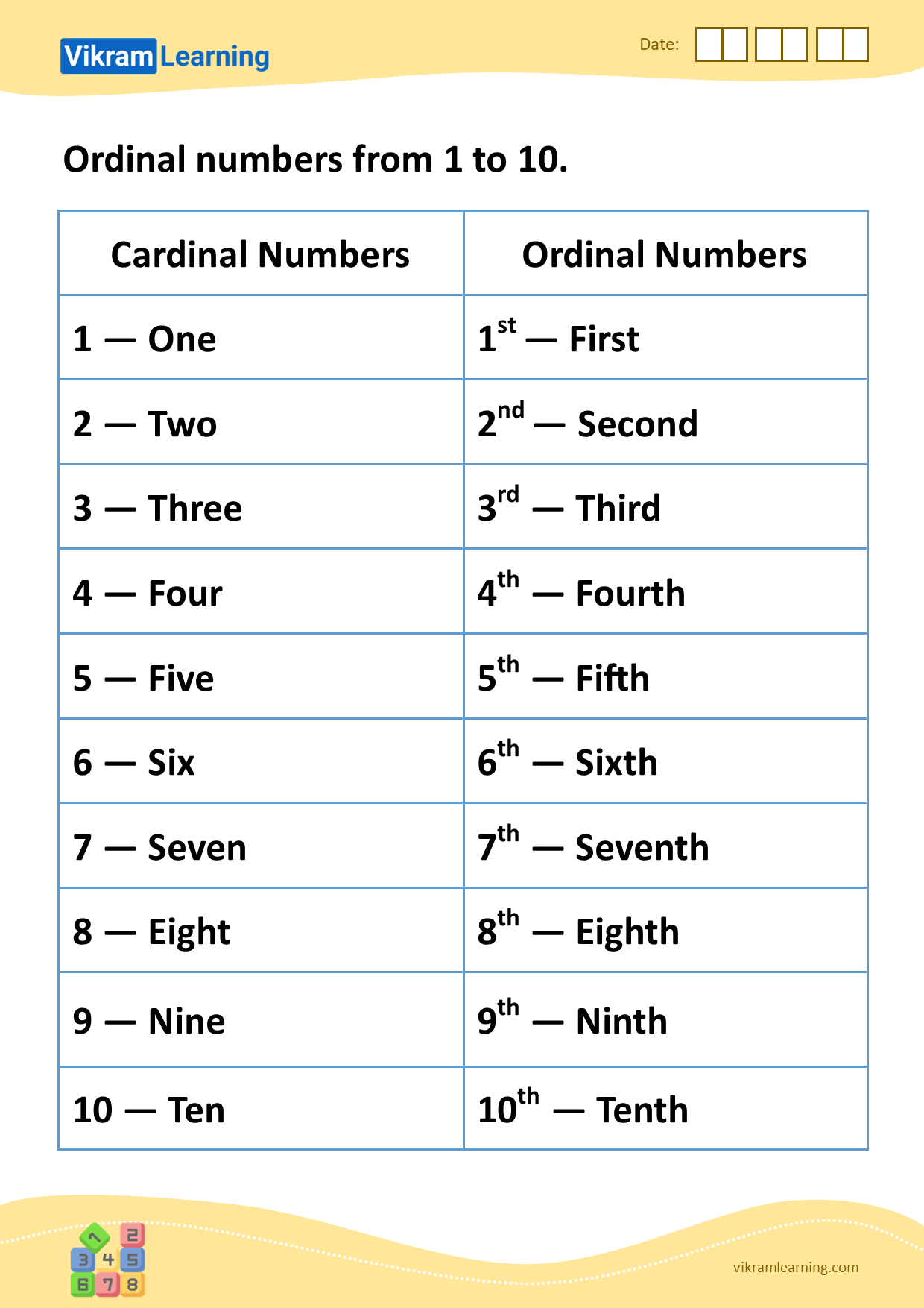 Download ordinal numbers from 1 to 10 worksheets