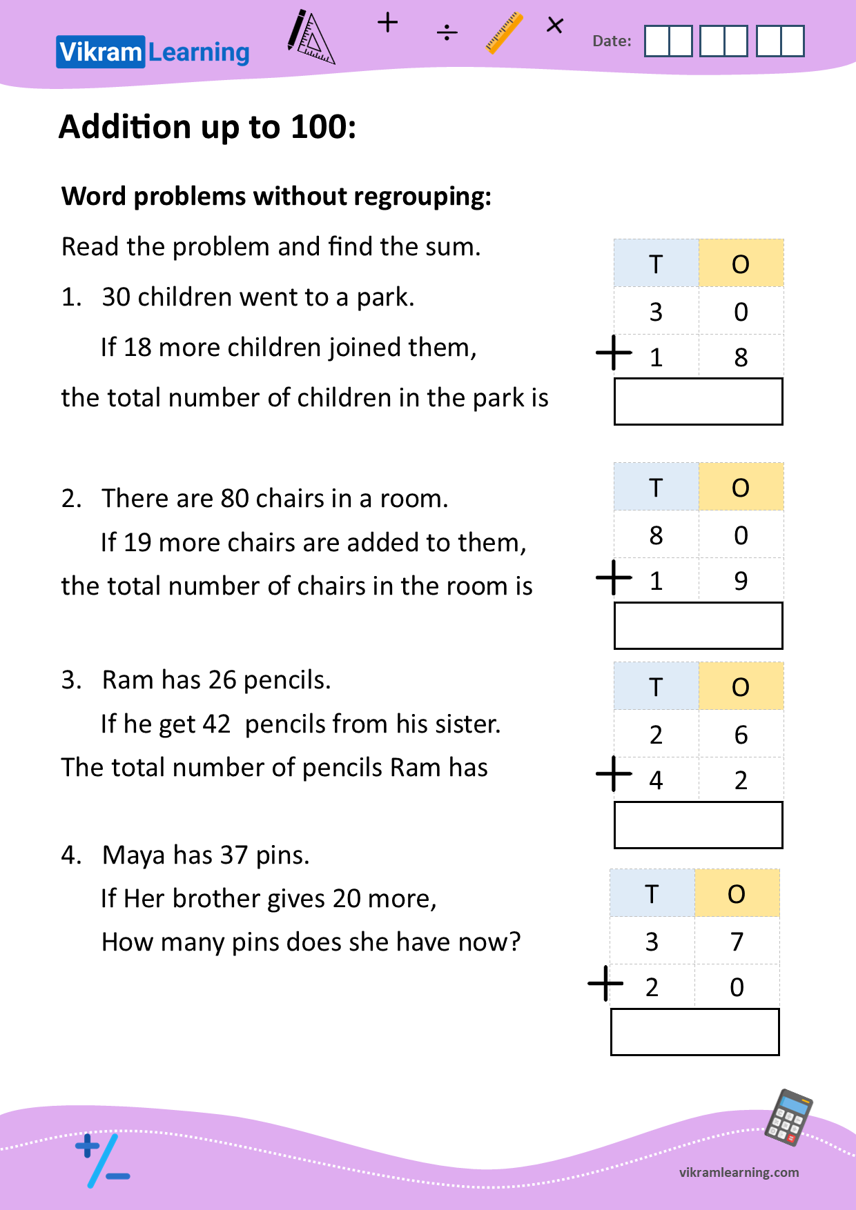 Download additions and subtractions up to 100 without regrouping worksheets