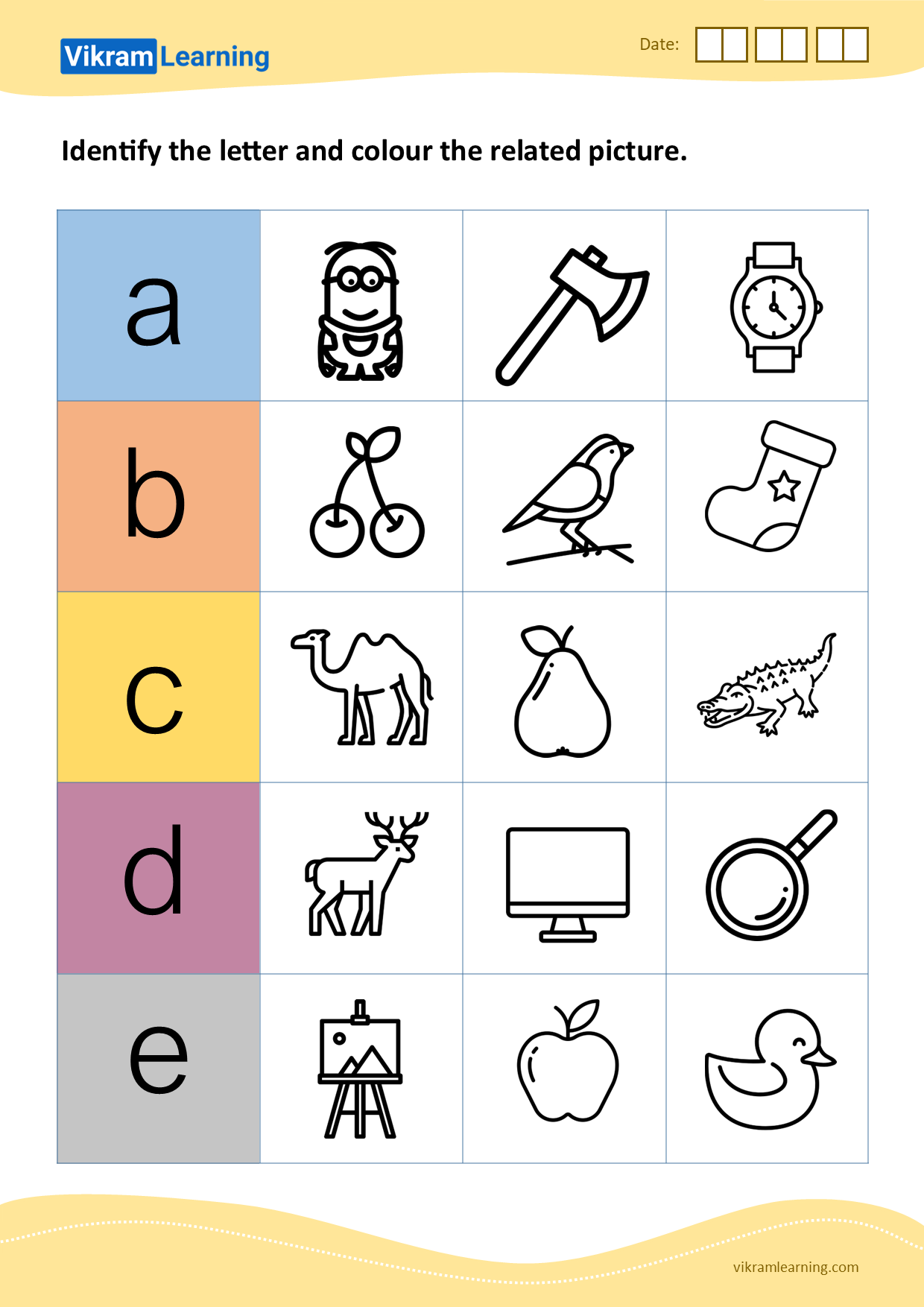 Download identify the letter and colour the related picture (a to e) - pattern 4 worksheets