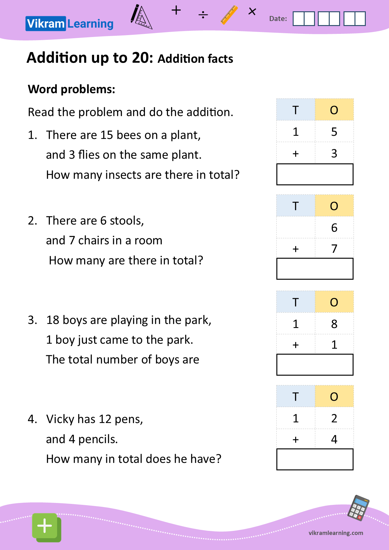 Download addition up to 20 using vertical addition (word problems) worksheets