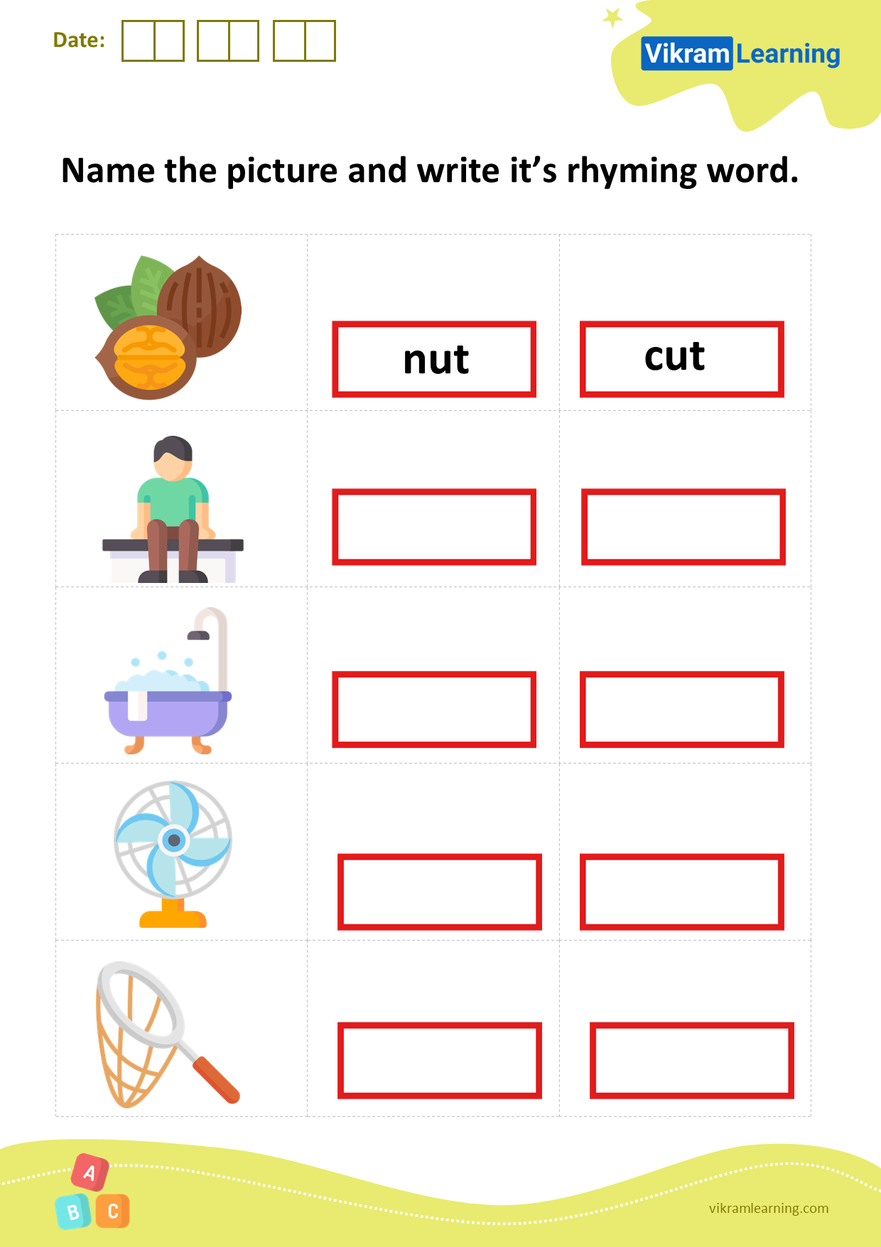 Download name the picture and write it’s a rhyming word worksheets