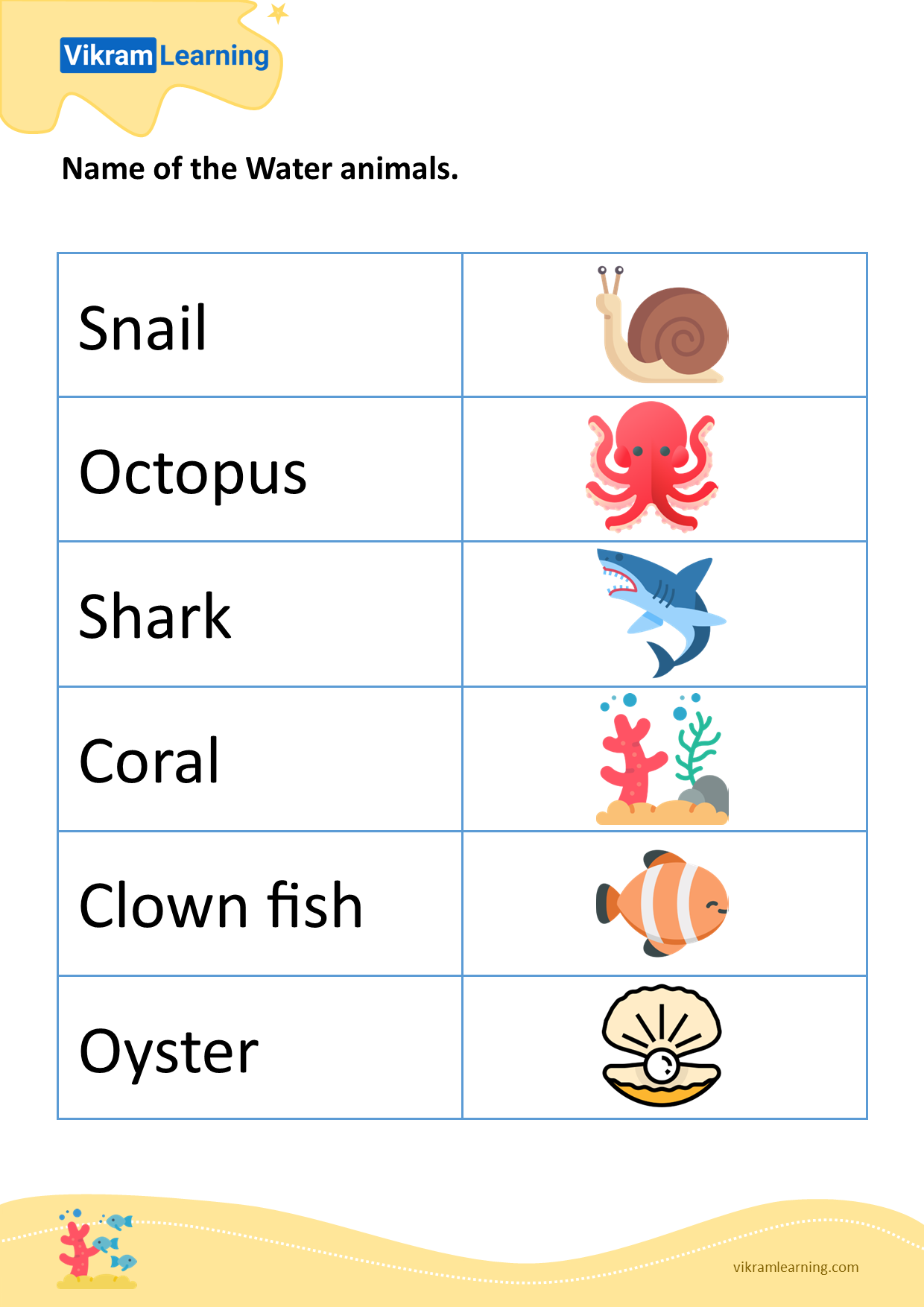 Download name of the water animals - 3 worksheets