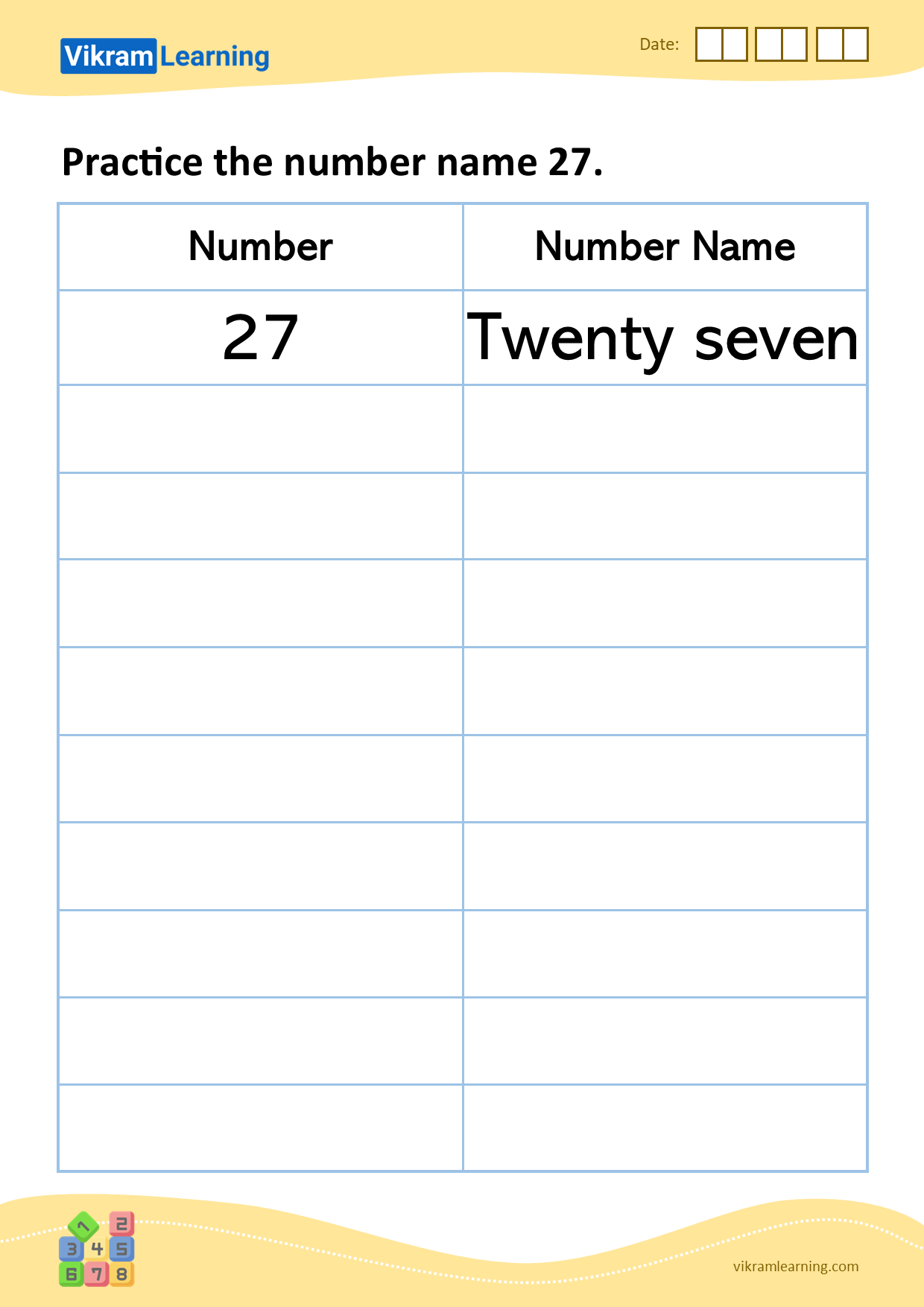 Download practice the number name 27 worksheets