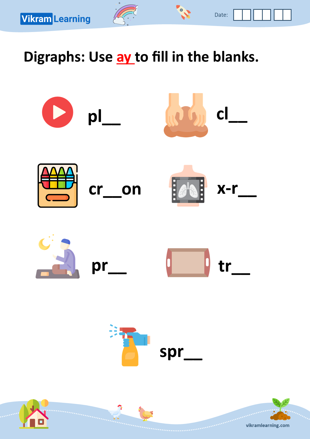 Download digraphs: use ay to fill in the blanks worksheets