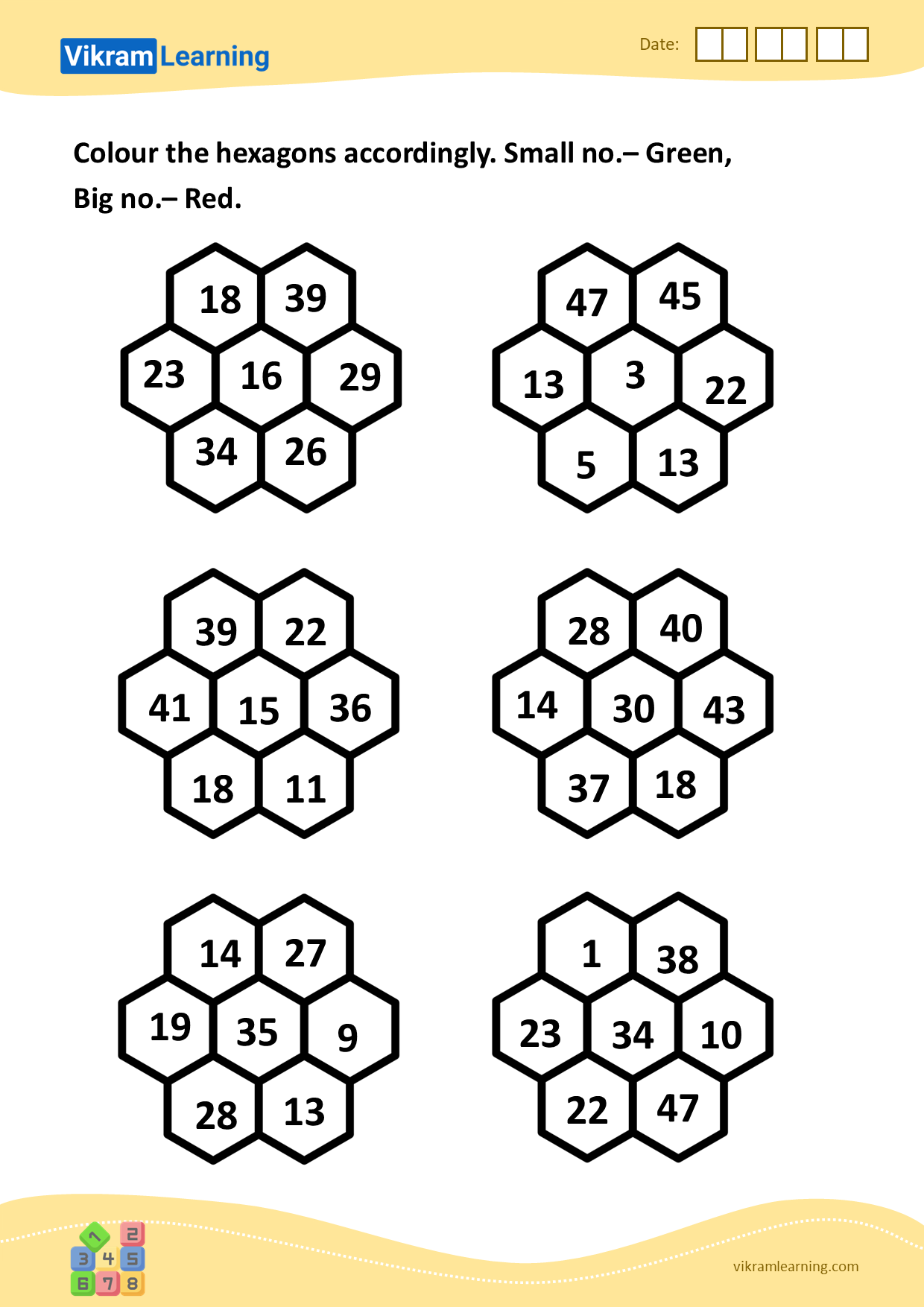 Download colour the hexagons accordingly. small no.– green, big no.– red worksheets