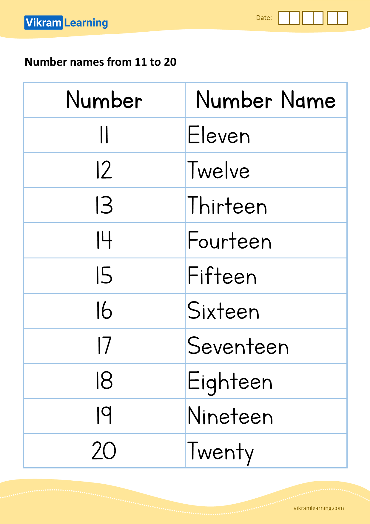 Download number name 11 to 20 worksheets