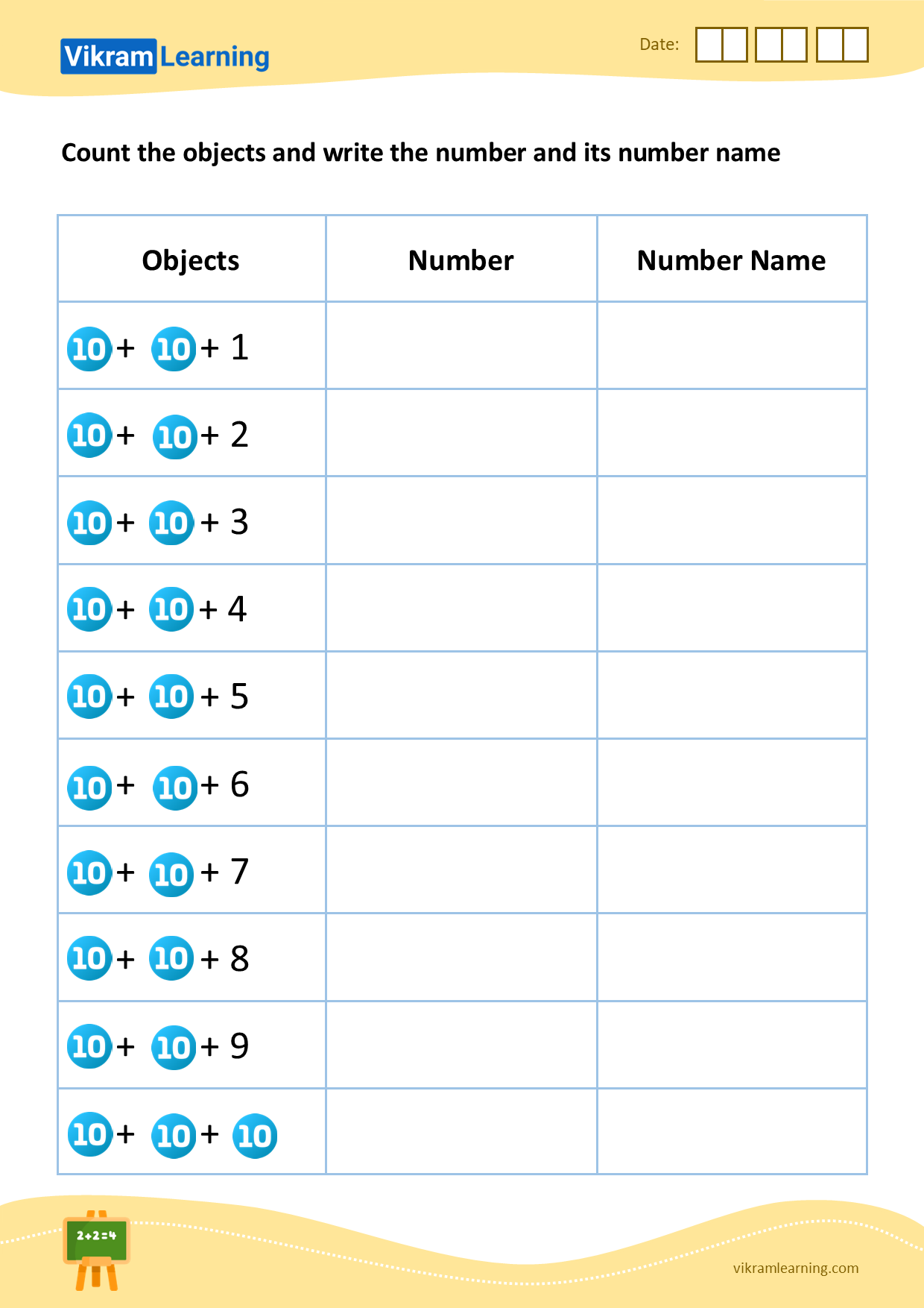 Download count the objects and write the number and its number name (21 to 30) - pattern 1 worksheets