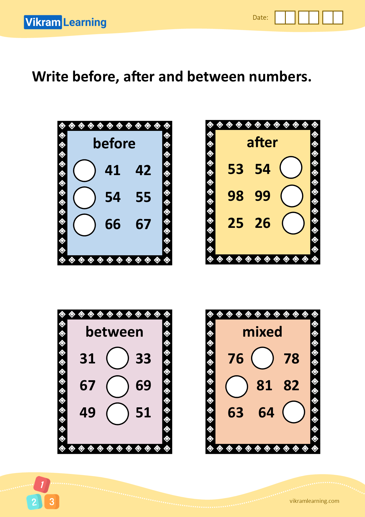 Download write before, after and between numbers worksheets