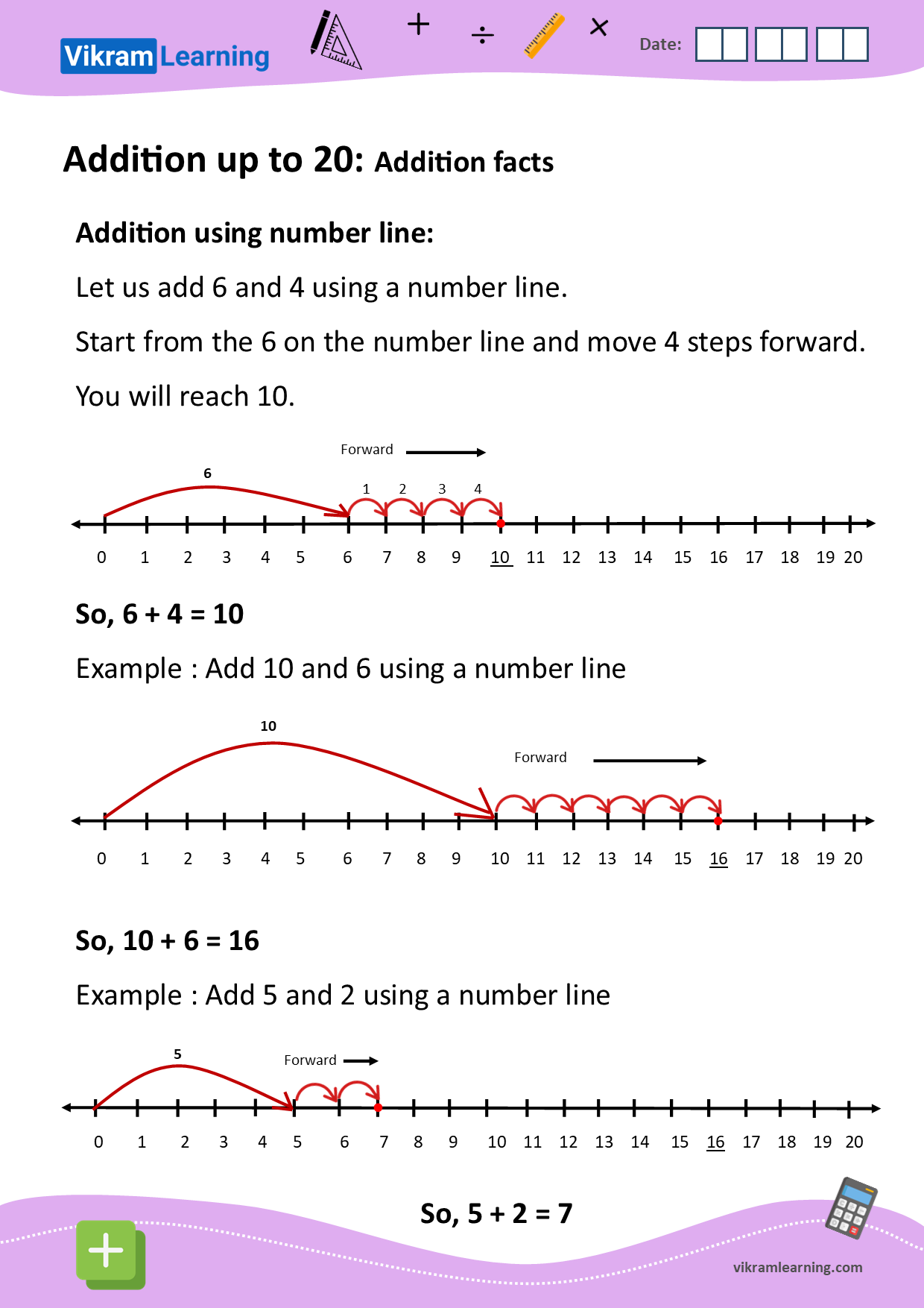 Download addition up to 20 using number line worksheets