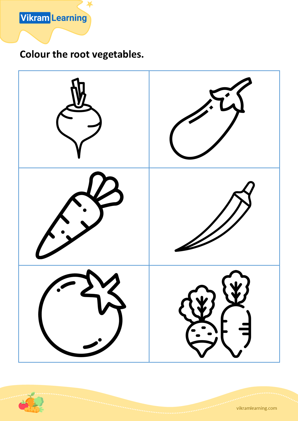 Download colour the root vegetables worksheets