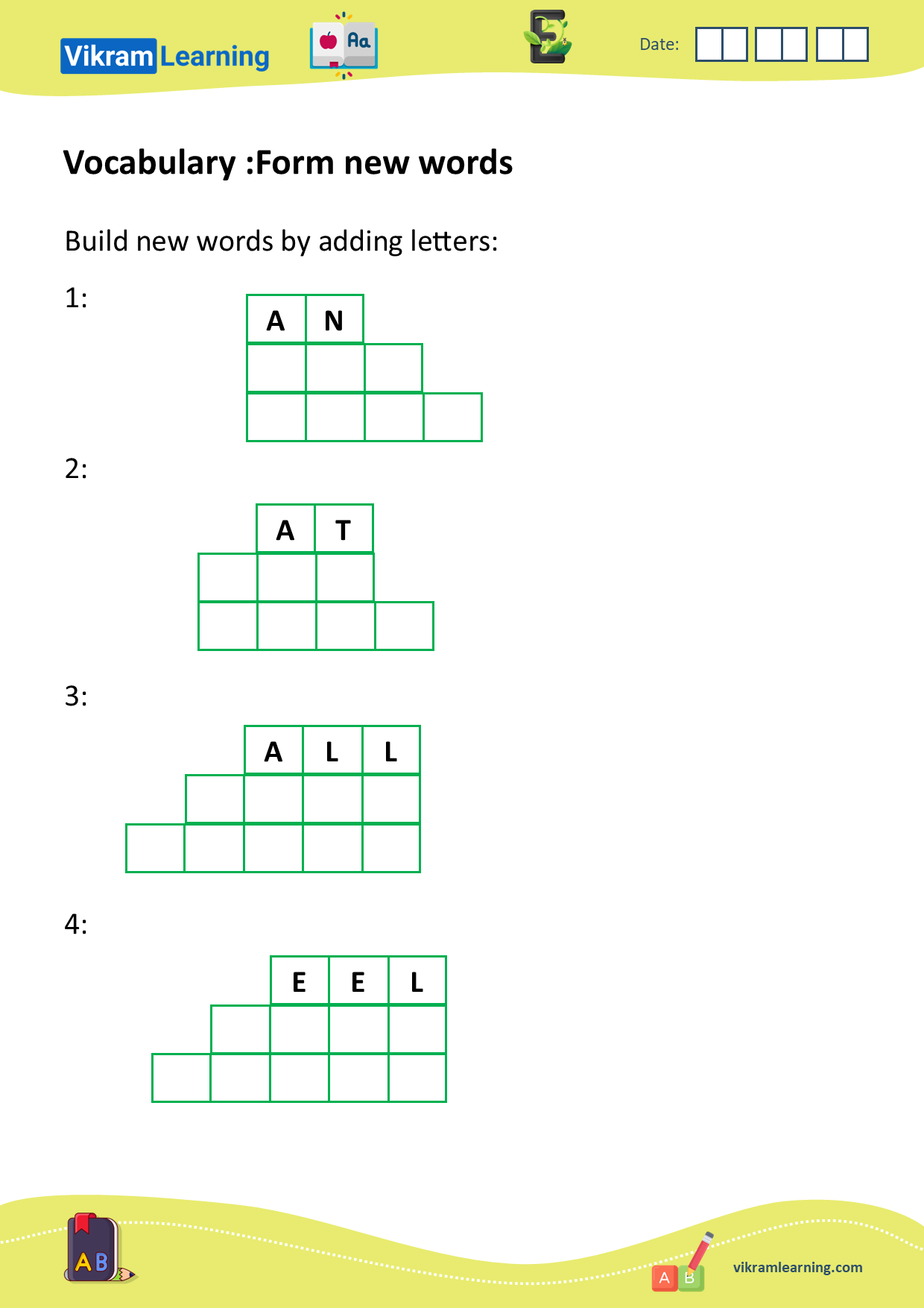 Download vocabulary: unscramble words, form new words, words ladder, forming new words by adding, removing, or replacing letters, build new words worksheets