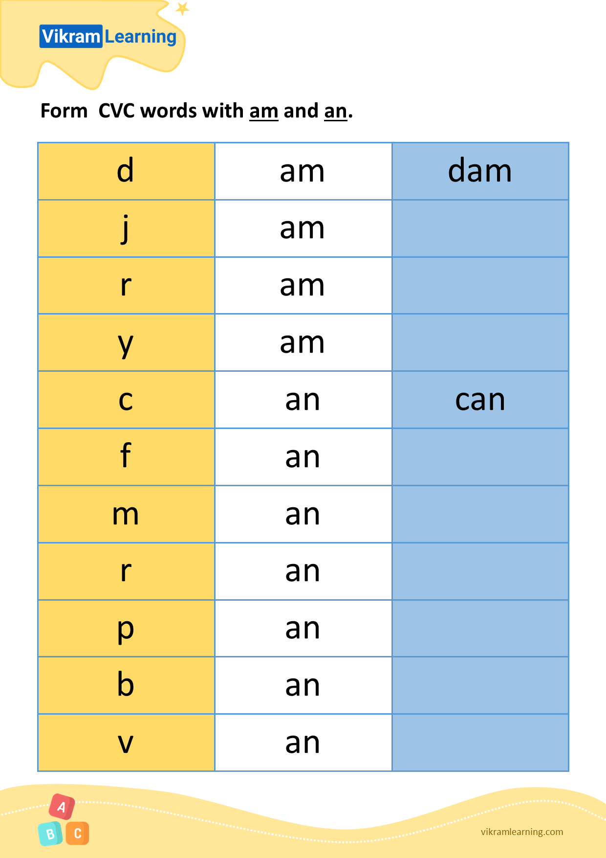 Download form cvc words with am and an worksheets